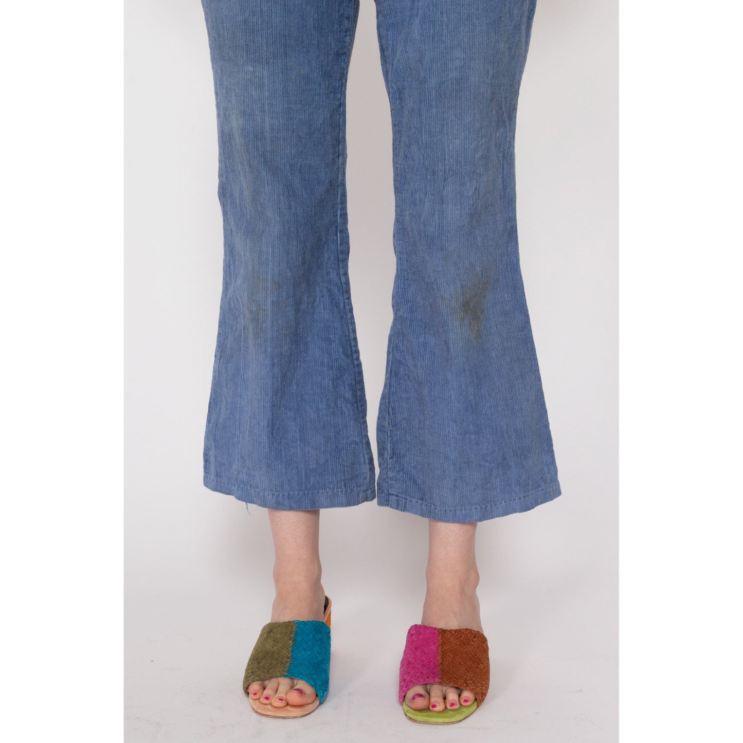 Petite XS 70s Blue Corduroy Kick Flare Pants | Retro Mid Rise Flared Trousers