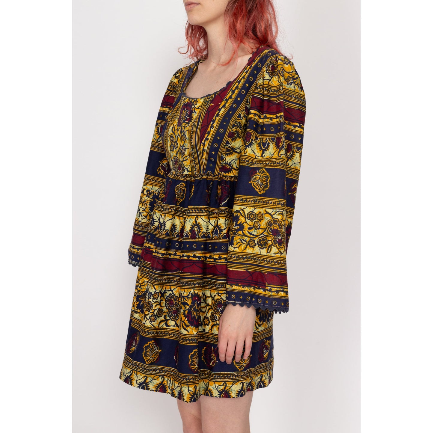 XS 60s Boho Batik Bell Sleeve Mini Dress | Vintage Ric Rac Trim Floral Striped Hippie Fit & Flare Babydoll Dress
