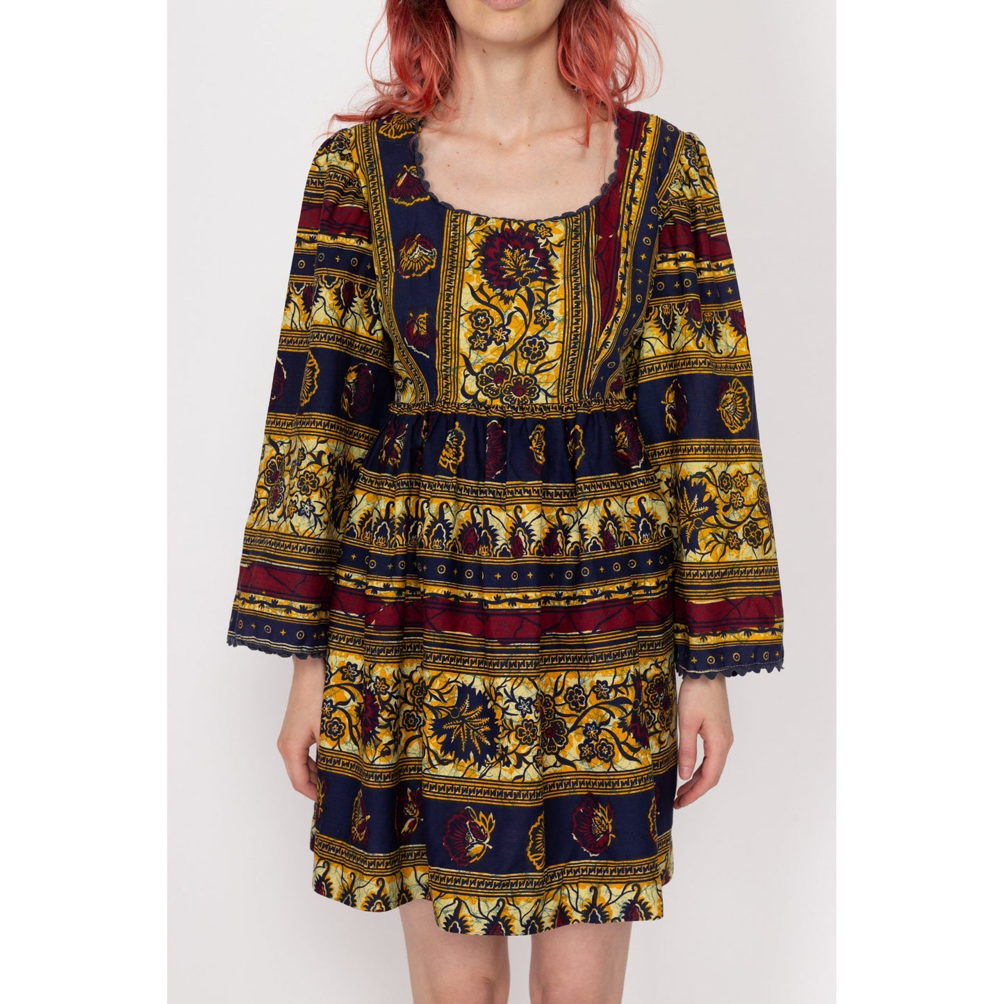XS 60s Boho Batik Bell Sleeve Mini Dress | Vintage Ric Rac Trim Floral Striped Hippie Fit & Flare Babydoll Dress