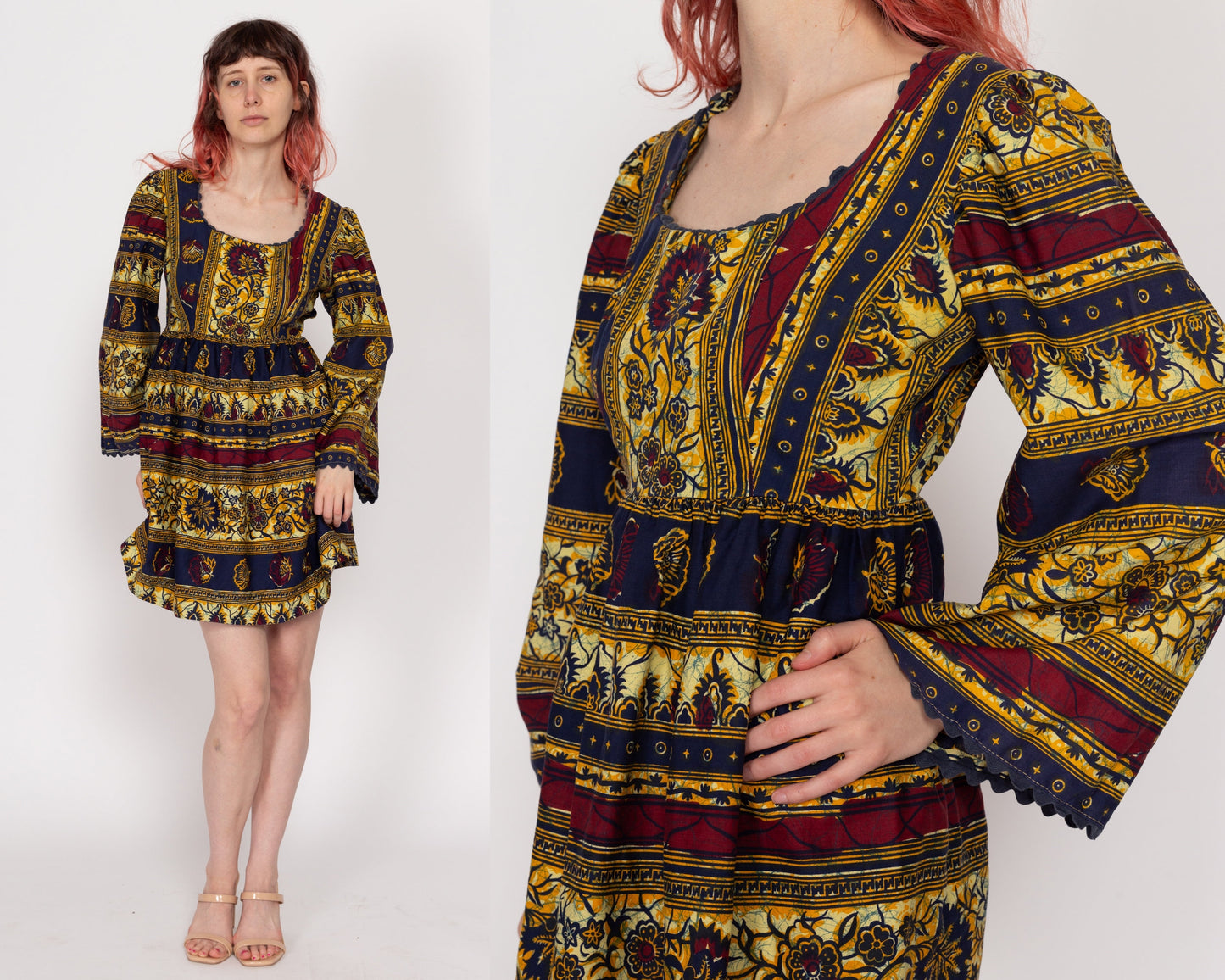 XS 60s Boho Batik Bell Sleeve Mini Dress | Vintage Ric Rac Trim Floral Striped Hippie Fit & Flare Babydoll Dress