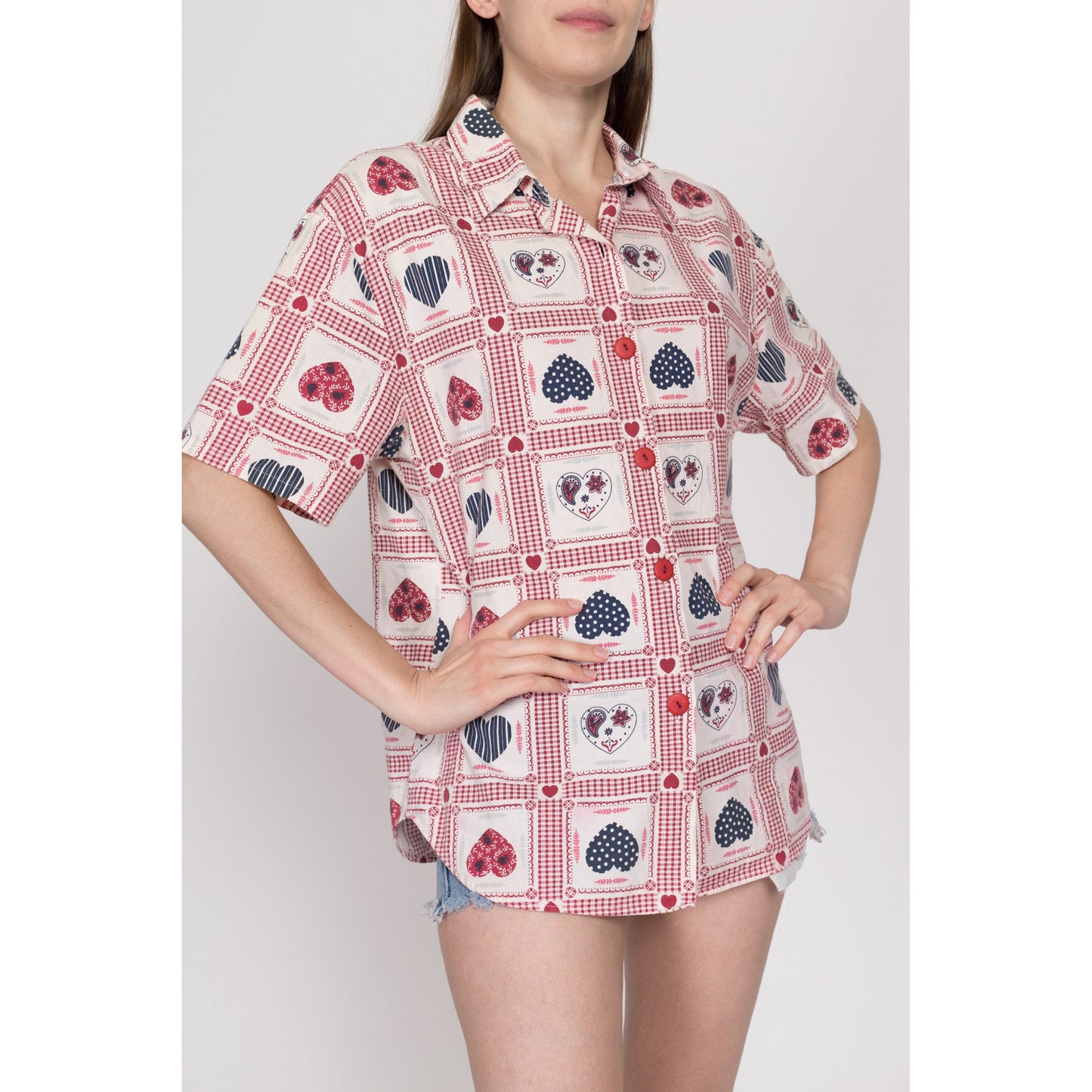 Large 90s Heart Bandana Print Button Up Shirt | Retro Kitsch Vintage Short Sleeve Patchwork Collared Top