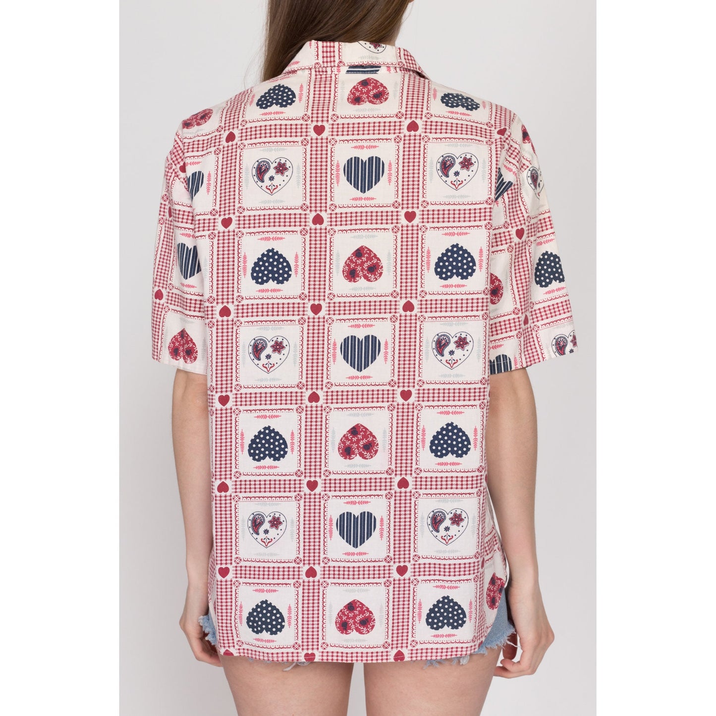 Large 90s Heart Bandana Print Button Up Shirt | Retro Kitsch Vintage Short Sleeve Patchwork Collared Top