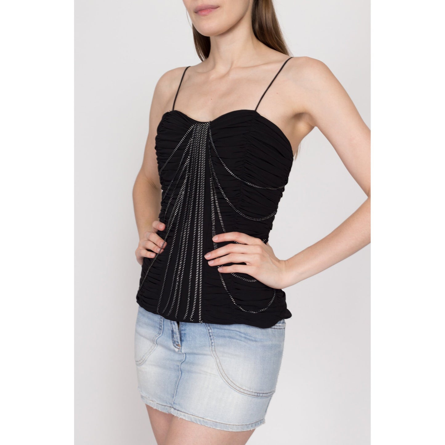 XS 90s Cache Black Ruched Chain Link Top | Vintage Spaghetti Strap Draped Formal Tank