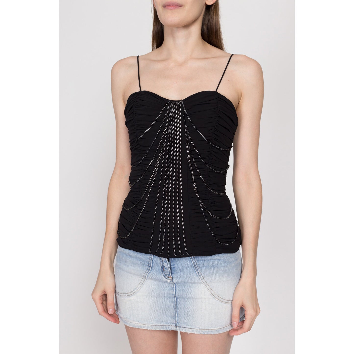XS 90s Cache Black Ruched Chain Link Top | Vintage Spaghetti Strap Draped Formal Tank