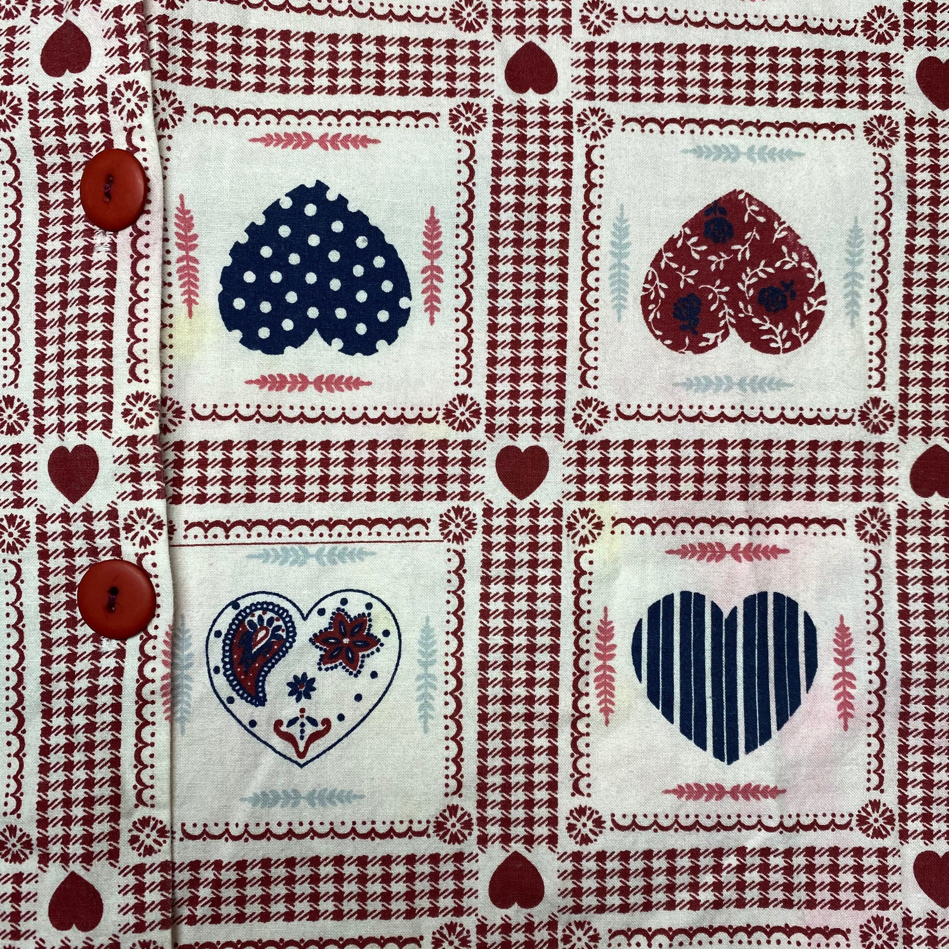 Large 90s Heart Bandana Print Button Up Shirt | Retro Kitsch Vintage Short Sleeve Patchwork Collared Top