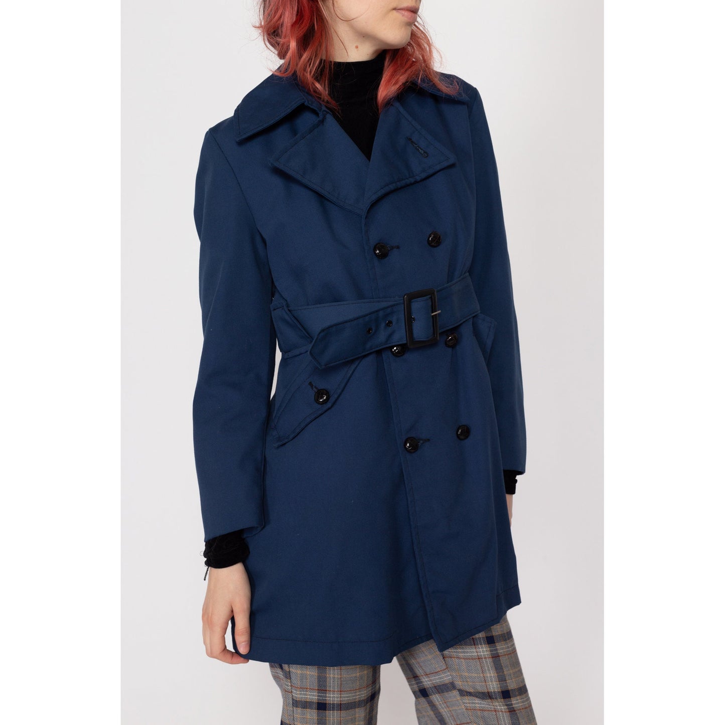 Petite XS 70s Mod Navy Blue Belted Jacket | Vintage Retro Double Breasted Short Trench