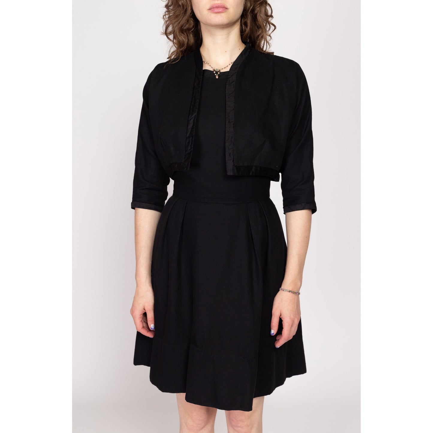 Small 1950s Nelly John Little Black Dress & Bolero Set | Vintage 50s Matching Mini Dress Jacket Two Piece Set