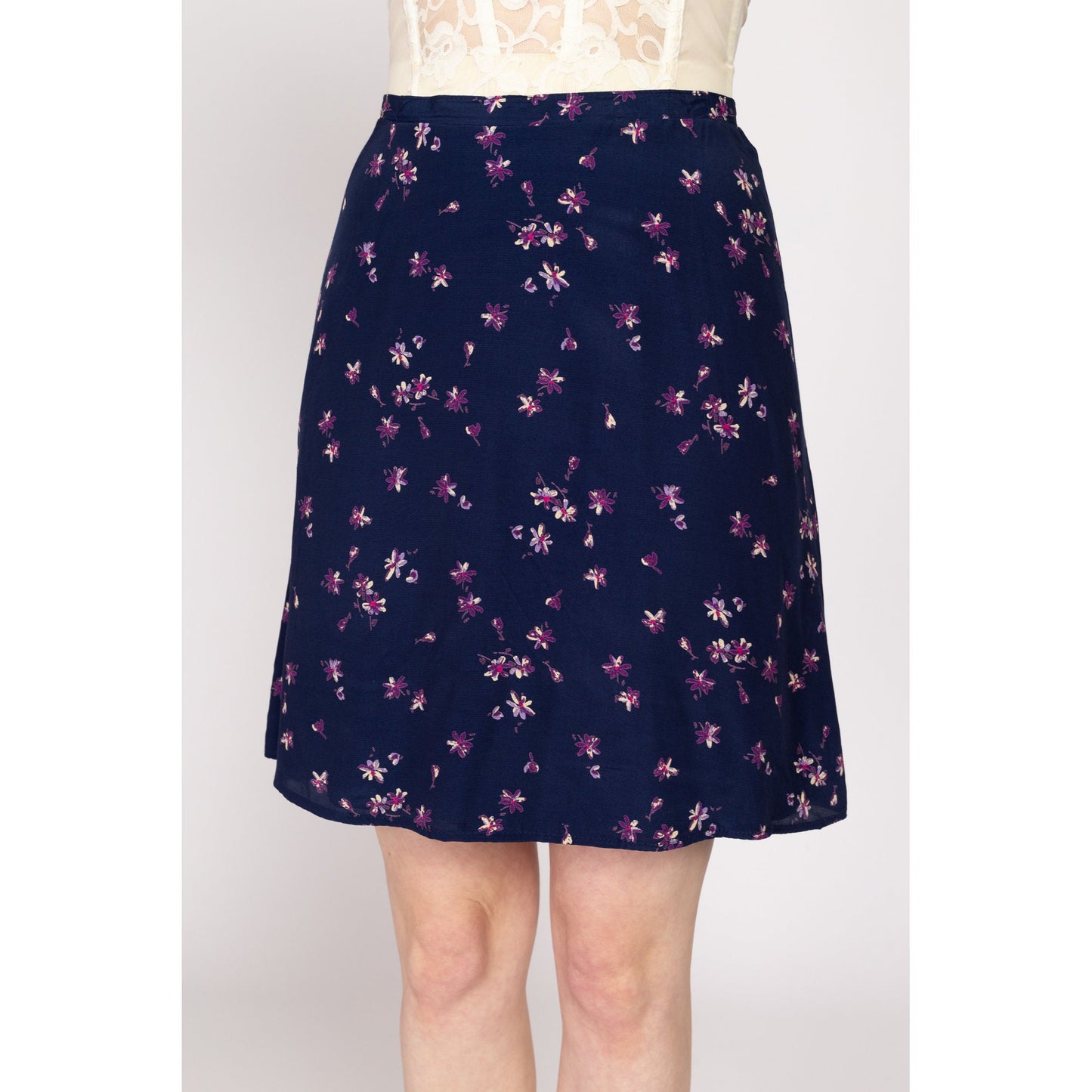 Medium 90s Navy Blue Floral Grunge Mini Skirt 27.5" | Vintage Flowy High Waisted Summer Skirt