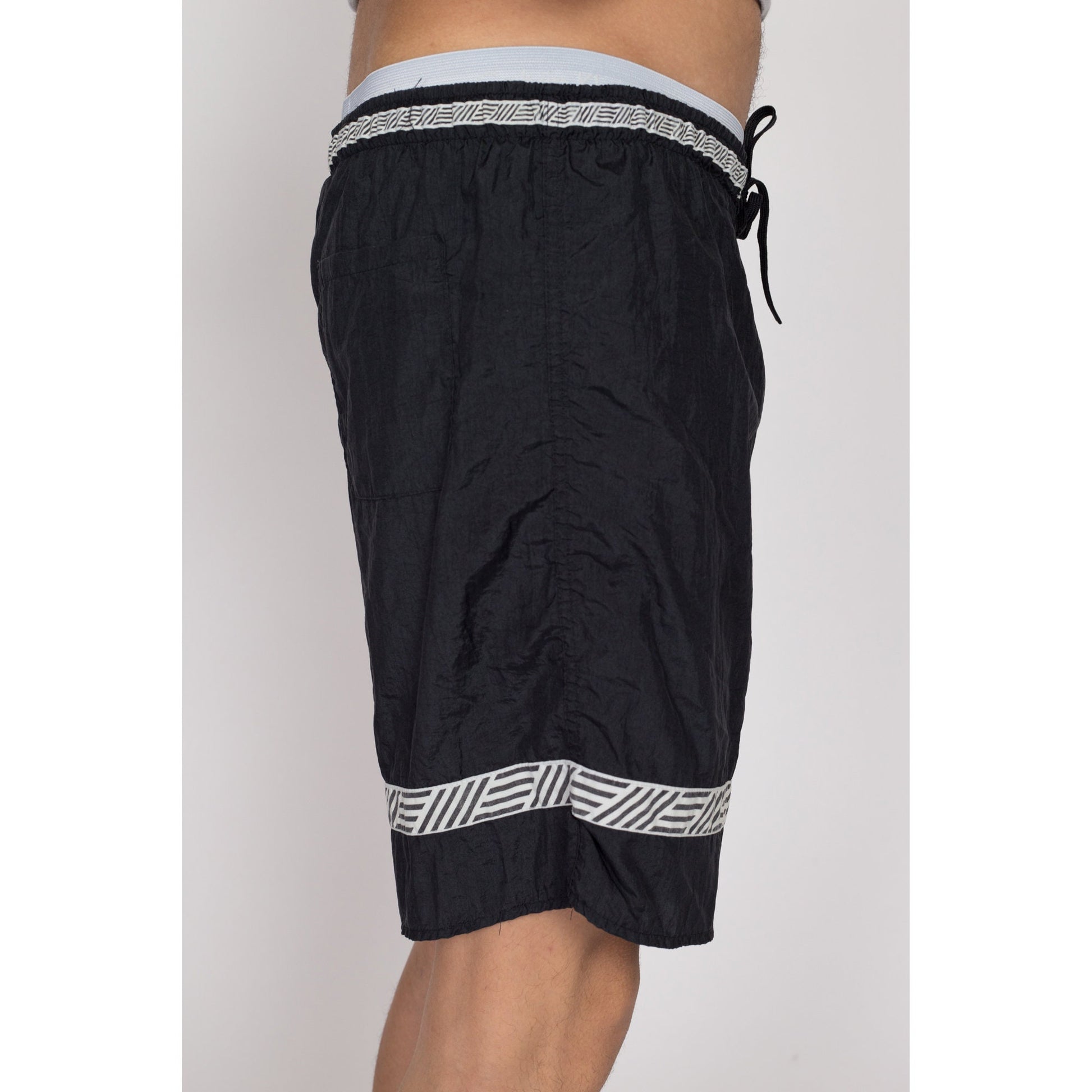 Medium 90s Black & White Striped Board Shorts | Vintage Swimming Trunks