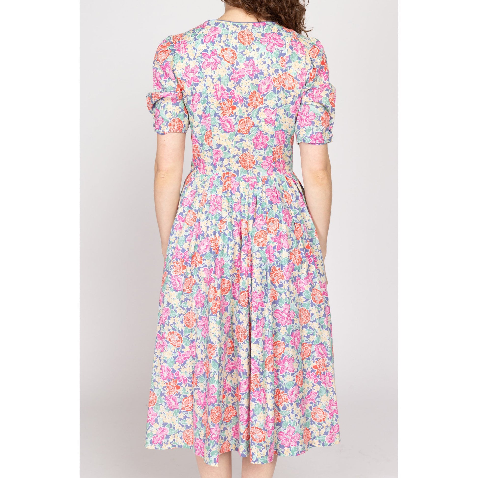 Medium 80s Laura Ashley Floral Fit & Flare Midi Dress | Vintage Pink Blue Puff Sleeve Retro Cotton Sundress
