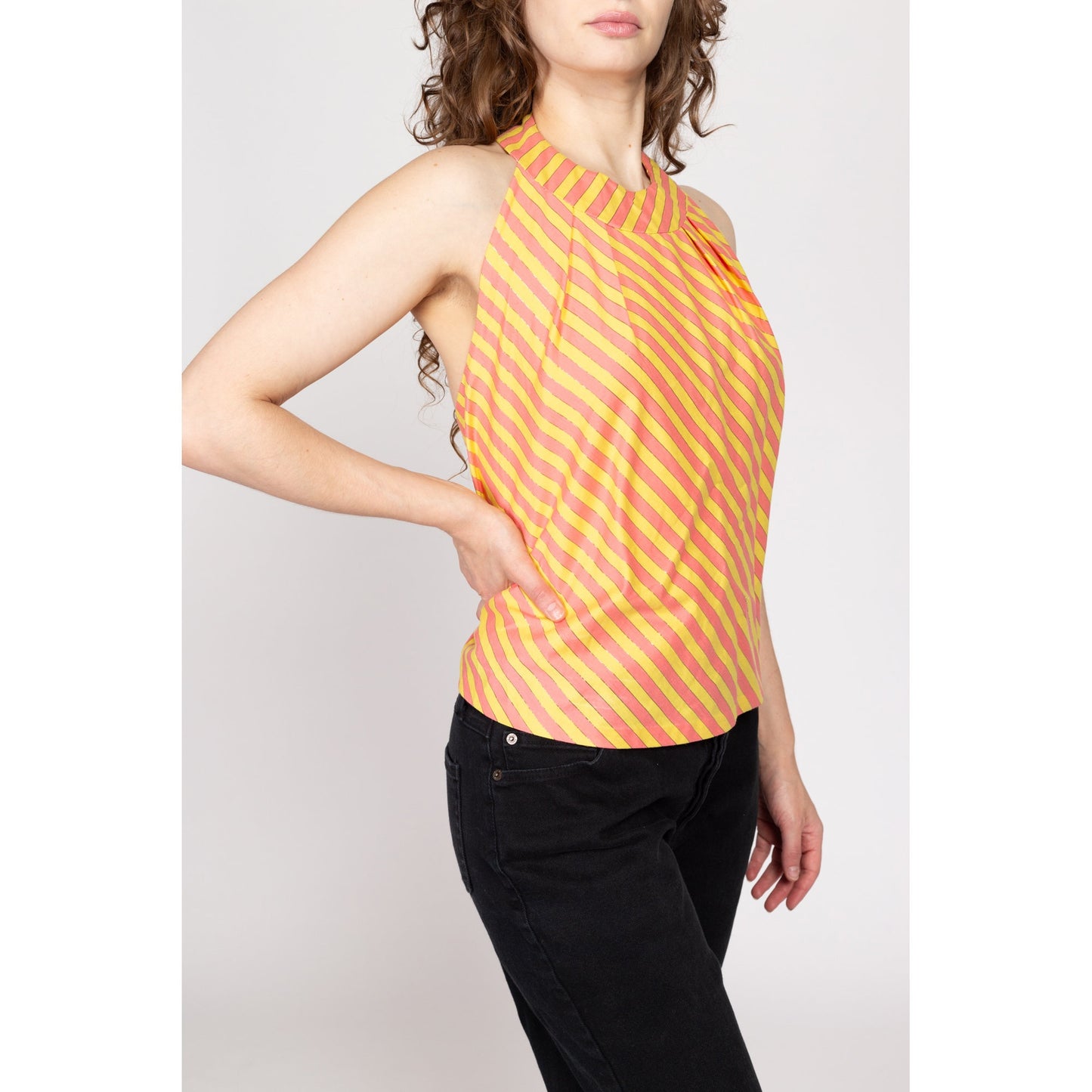Large Y2K Pink & Yellow Striped Halter Top | Vintage Low Back Metallic Summer Shirt