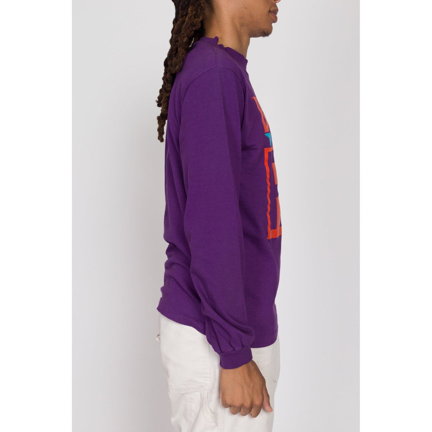 Medium 90s Levi's "Button Your Fly" Long Sleeve T Shirt | Vintage Purple Levis Graphic High Crew Neck Tee