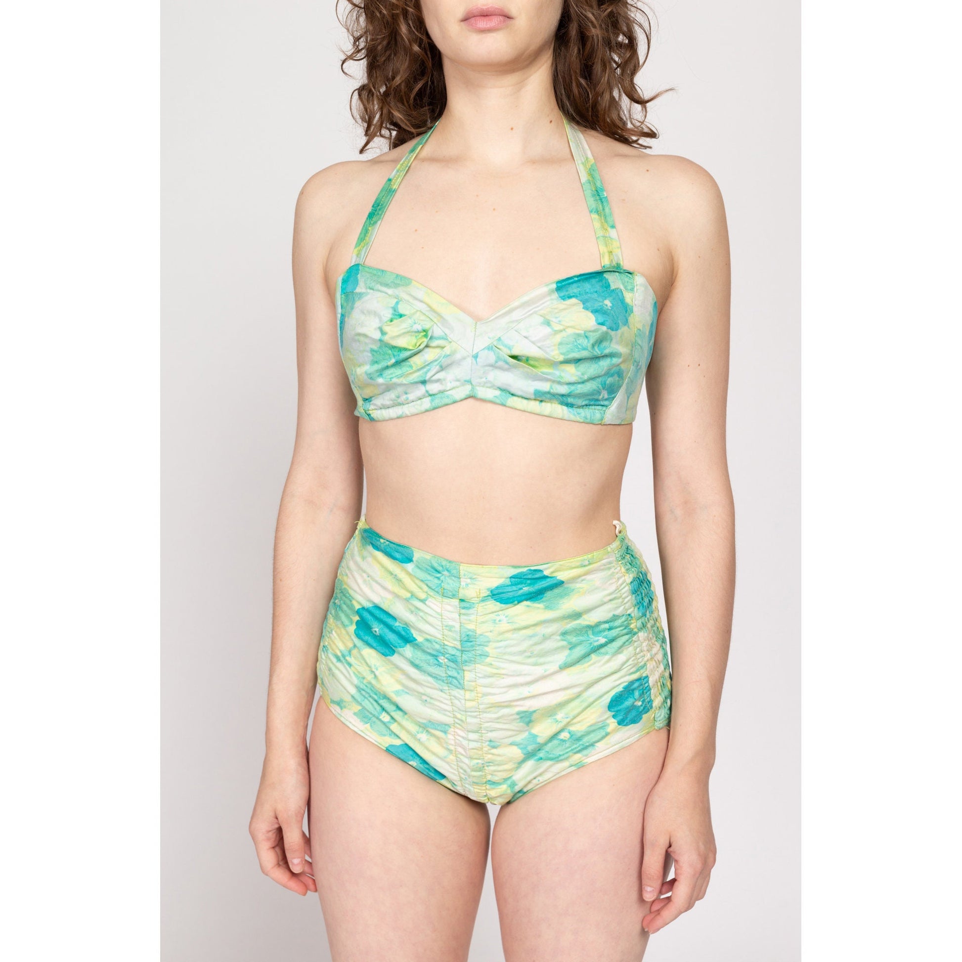 Sm-Med 1950s Cole Of California Floral Bikini Swimsuit | Retro Vintage 50s Blue Green Shirred Two Piece Pinup Bathing Suit