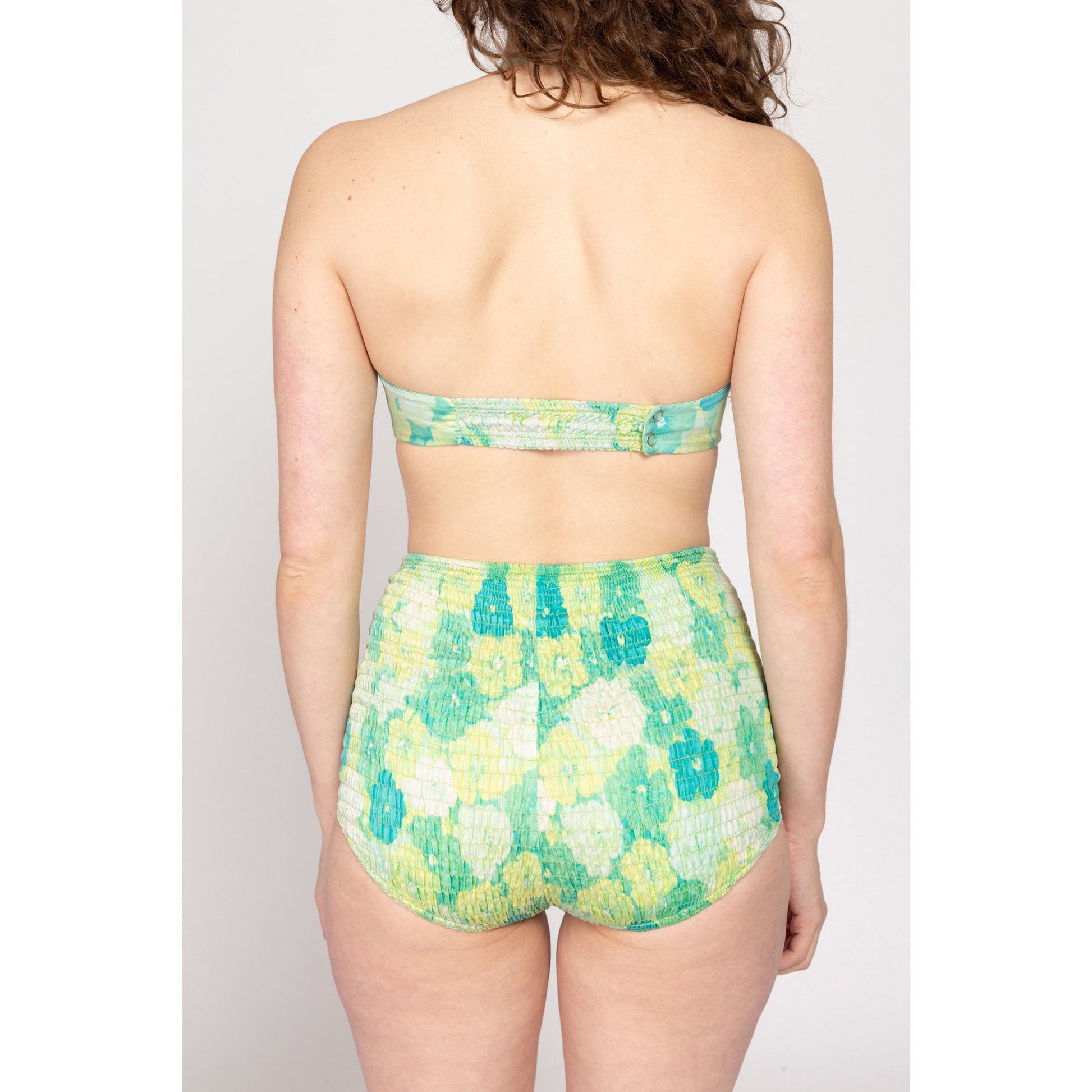 Sm-Med 1950s Cole Of California Floral Bikini Swimsuit | Retro Vintage 50s Blue Green Shirred Two Piece Pinup Bathing Suit