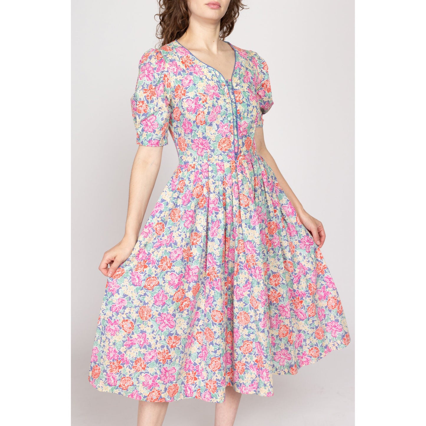 Medium 80s Laura Ashley Floral Fit & Flare Midi Dress | Vintage Pink Blue Puff Sleeve Retro Cotton Sundress