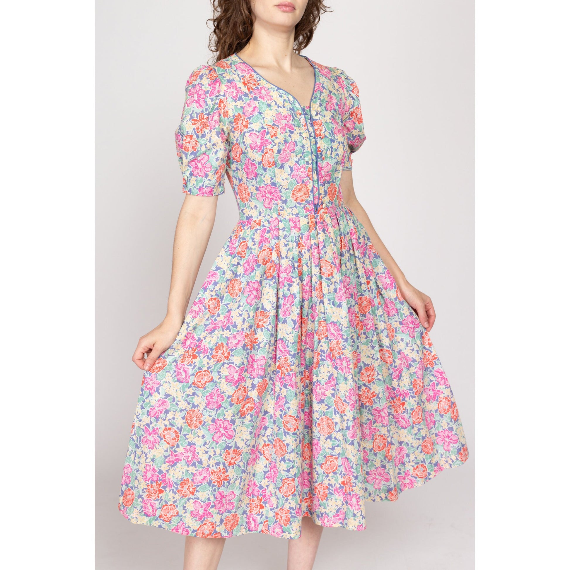 Medium 80s Laura Ashley Floral Fit & Flare Midi Dress | Vintage Pink Blue Puff Sleeve Retro Cotton Sundress