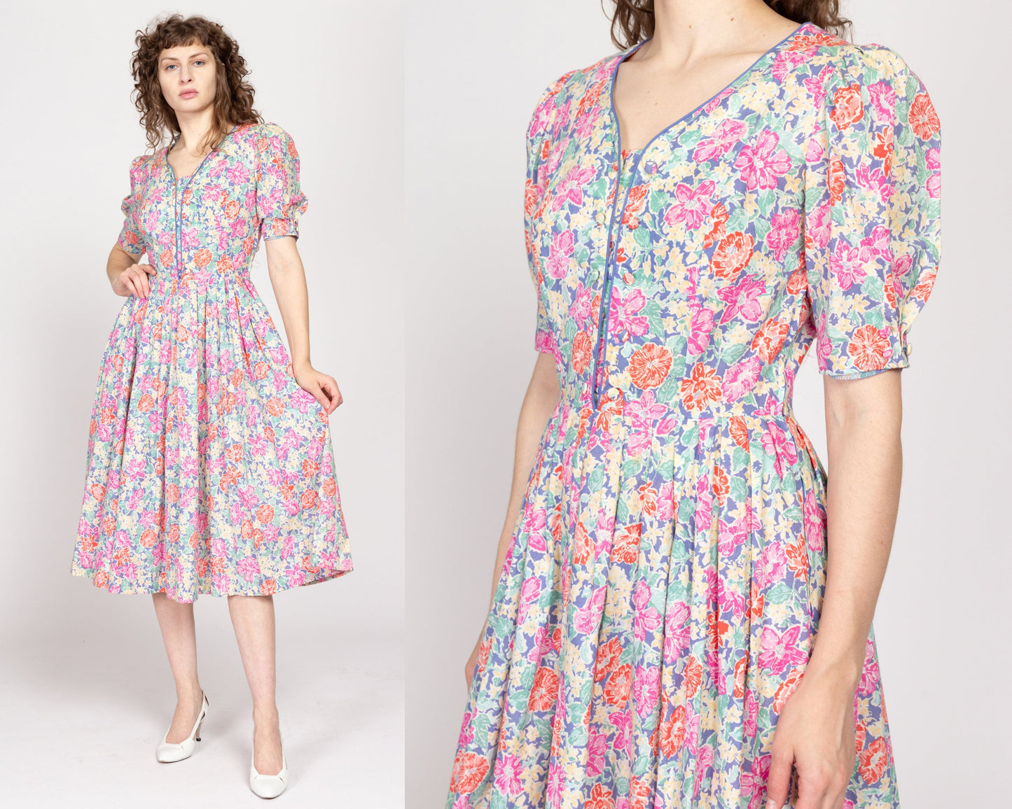 Medium 80s Laura Ashley Floral Fit & Flare Midi Dress | Vintage Pink Blue Puff Sleeve Retro Cotton Sundress