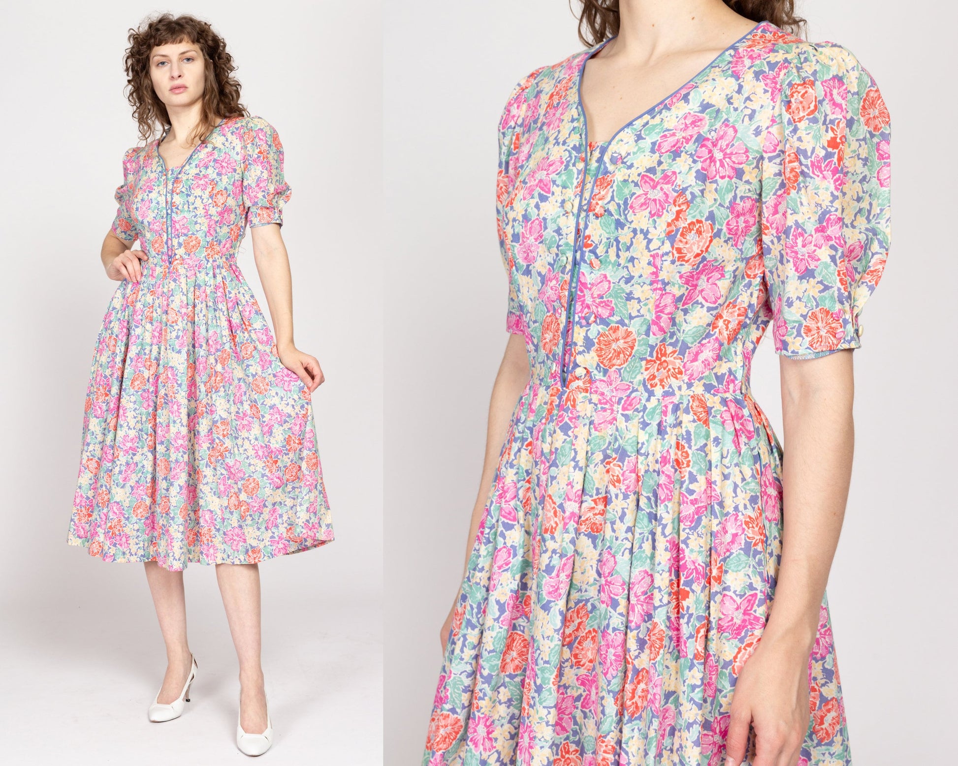 Medium 80s Laura Ashley Floral Fit & Flare Midi Dress | Vintage Pink Blue Puff Sleeve Retro Cotton Sundress
