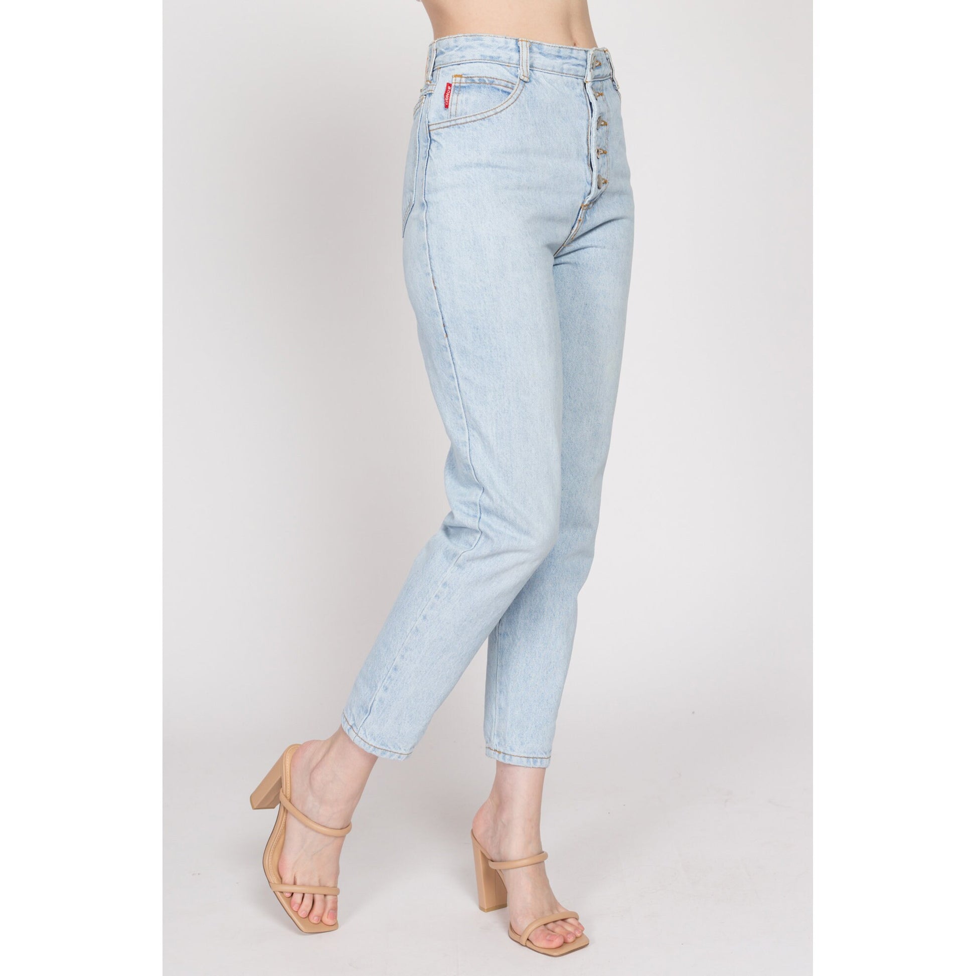 Small 90s Bongo Light Wash Button Fly Jeans 27" | Vintage High Waisted Denim Slim Fit Tapered Leg Mom Jeans