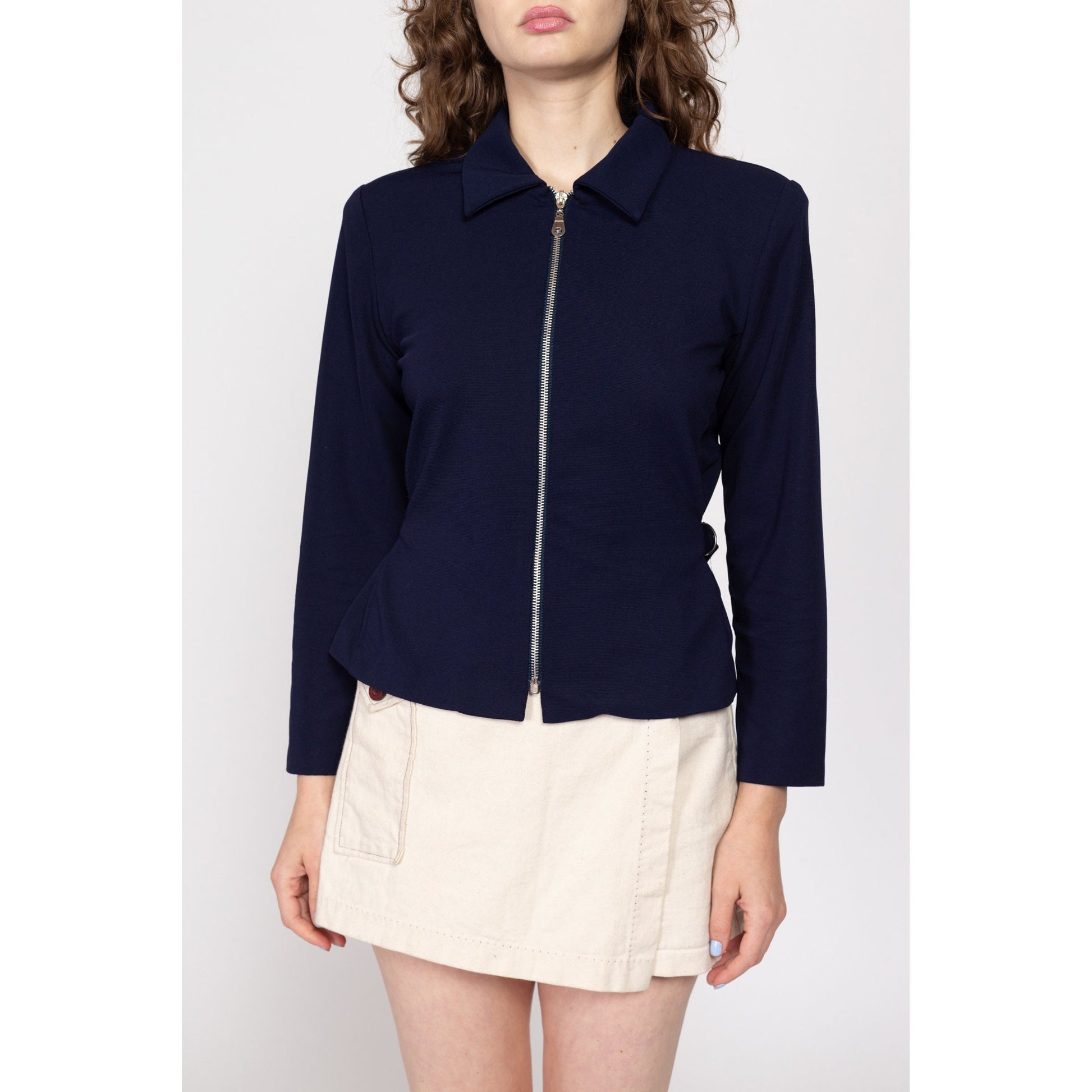Medium 90s Navy Blue Cinched Waist Blazer Top | Vintage Collared Zip Up Lightweight Jacket