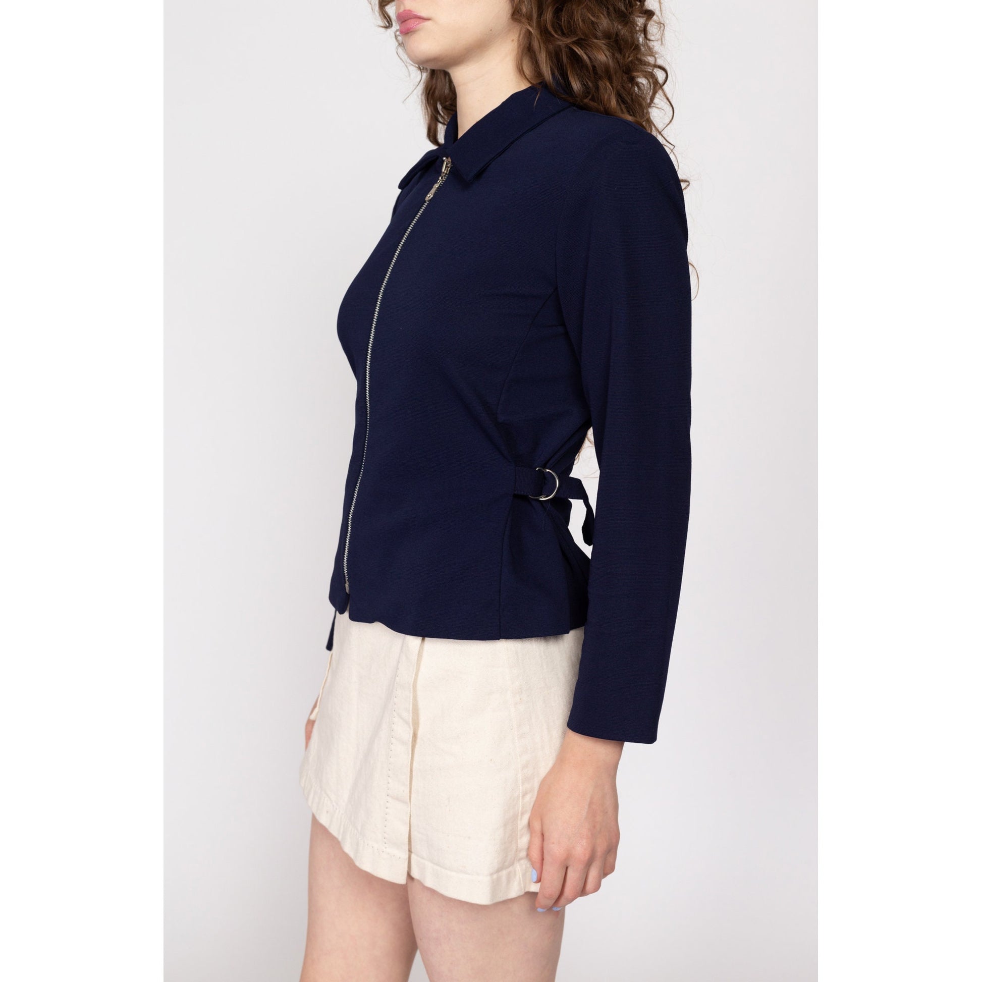 Medium 90s Navy Blue Cinched Waist Blazer Top | Vintage Collared Zip Up Lightweight Jacket
