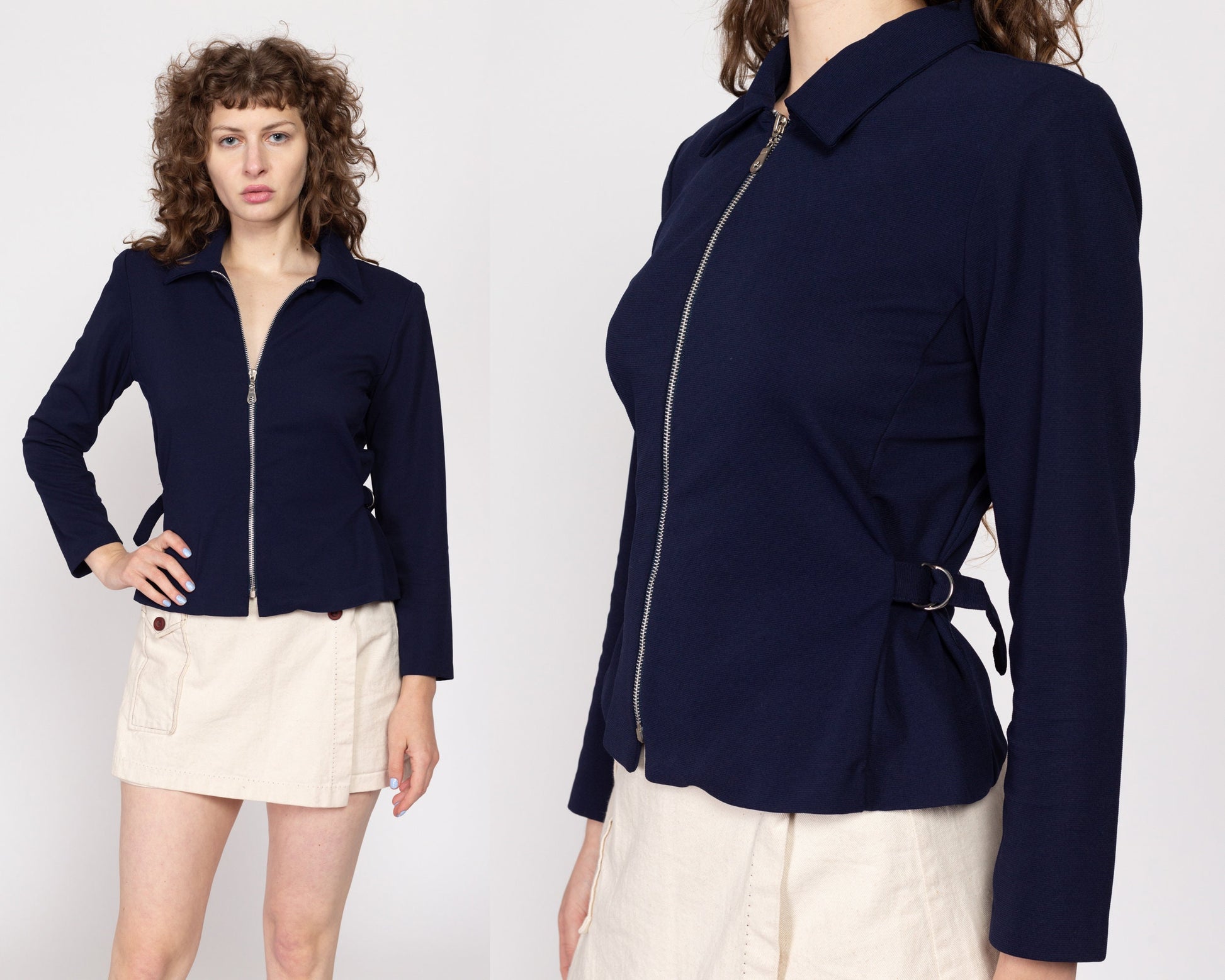 Medium 90s Navy Blue Cinched Waist Blazer Top | Vintage Collared Zip Up Lightweight Jacket