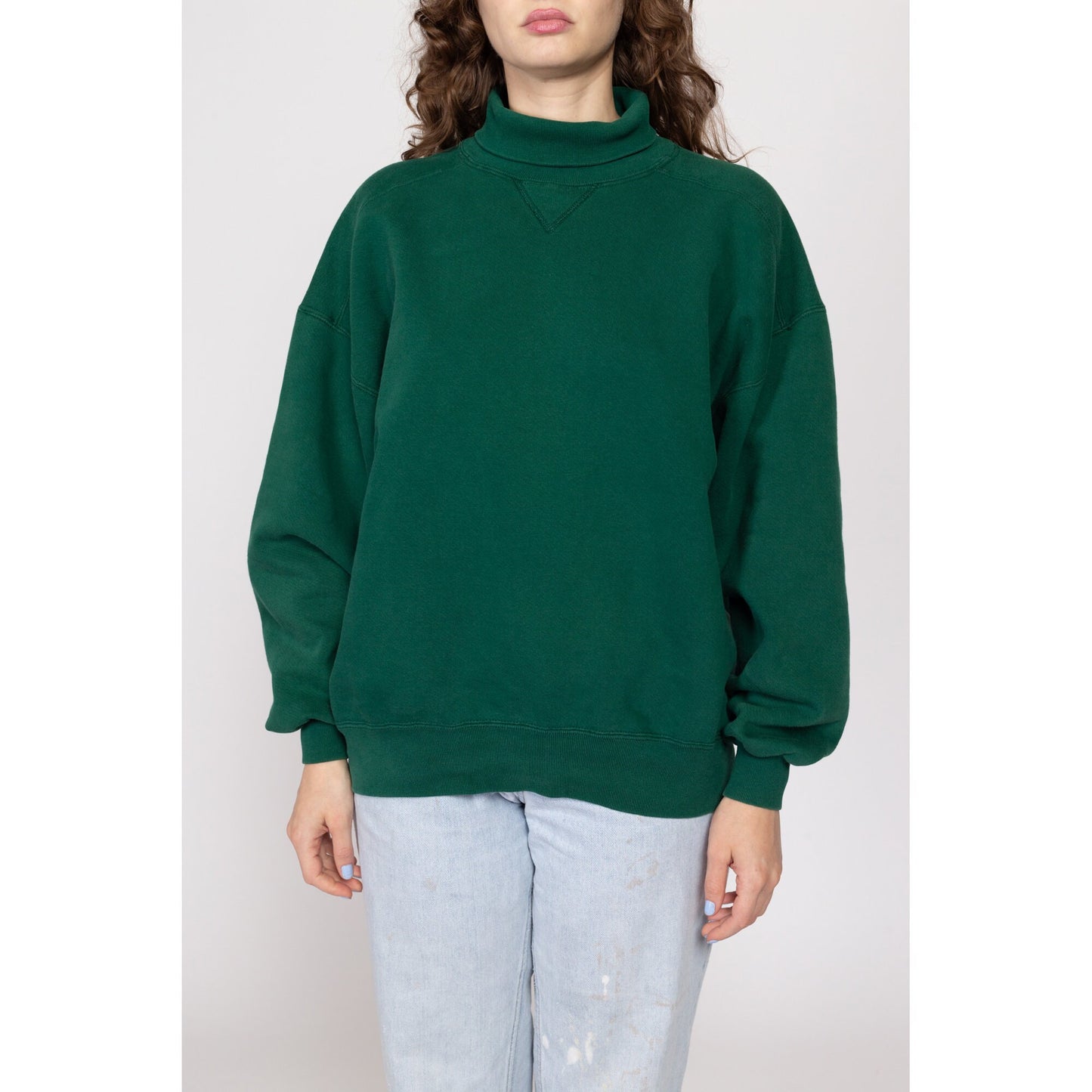 XL 90s Green Turtleneck V Stitch Sweatshirt | Vintage Russell Athletic Unisex Plain Pullover