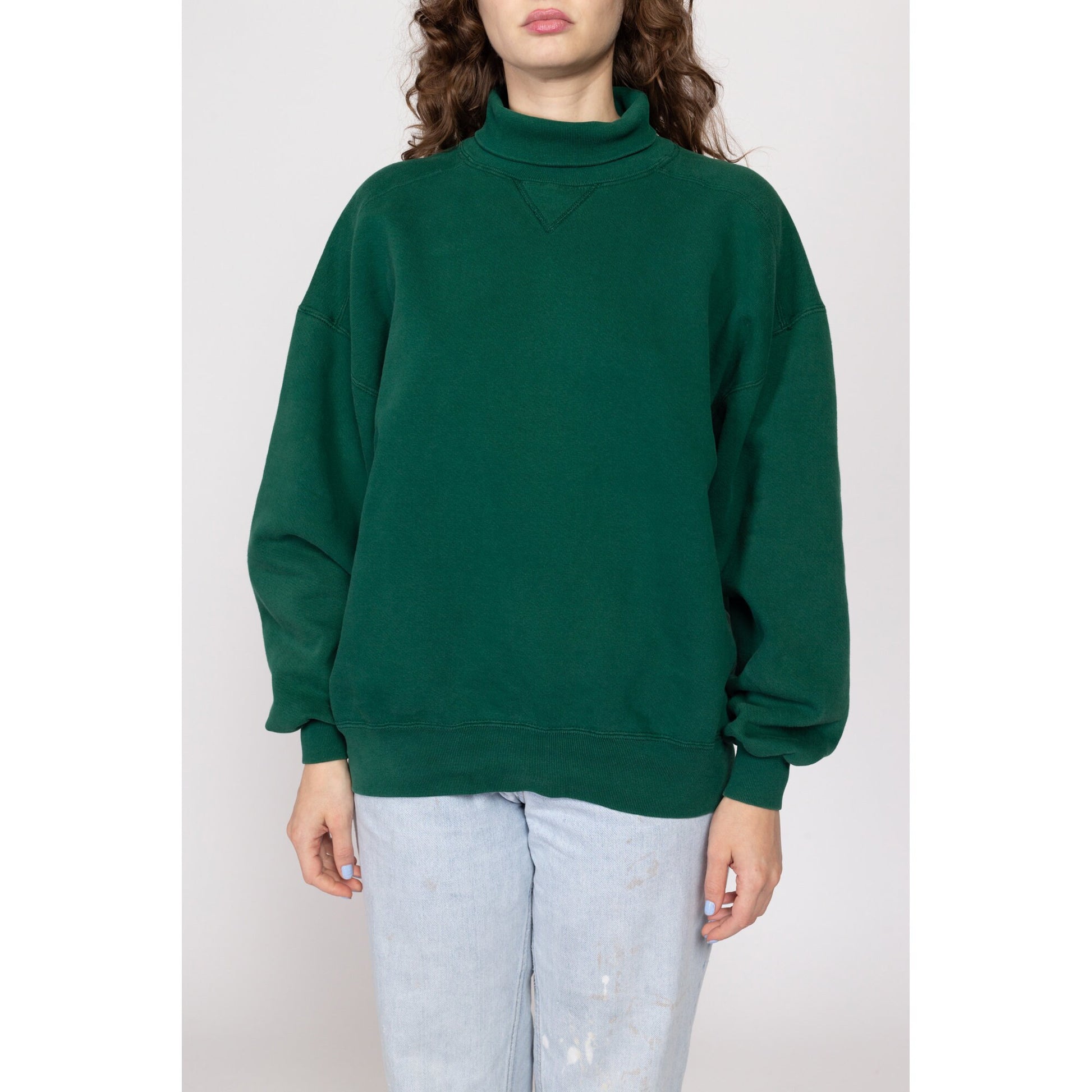 XL 90s Green Turtleneck V Stitch Sweatshirt | Vintage Russell Athletic Unisex Plain Pullover