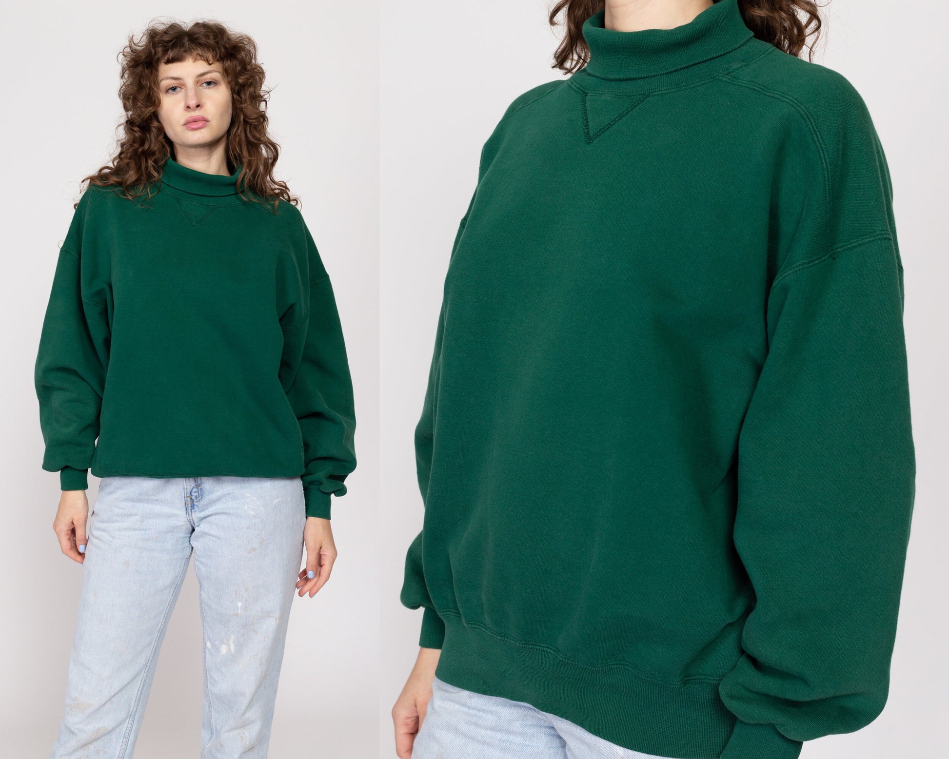XL 90s Green Turtleneck V Stitch Sweatshirt | Vintage Russell Athletic Unisex Plain Pullover