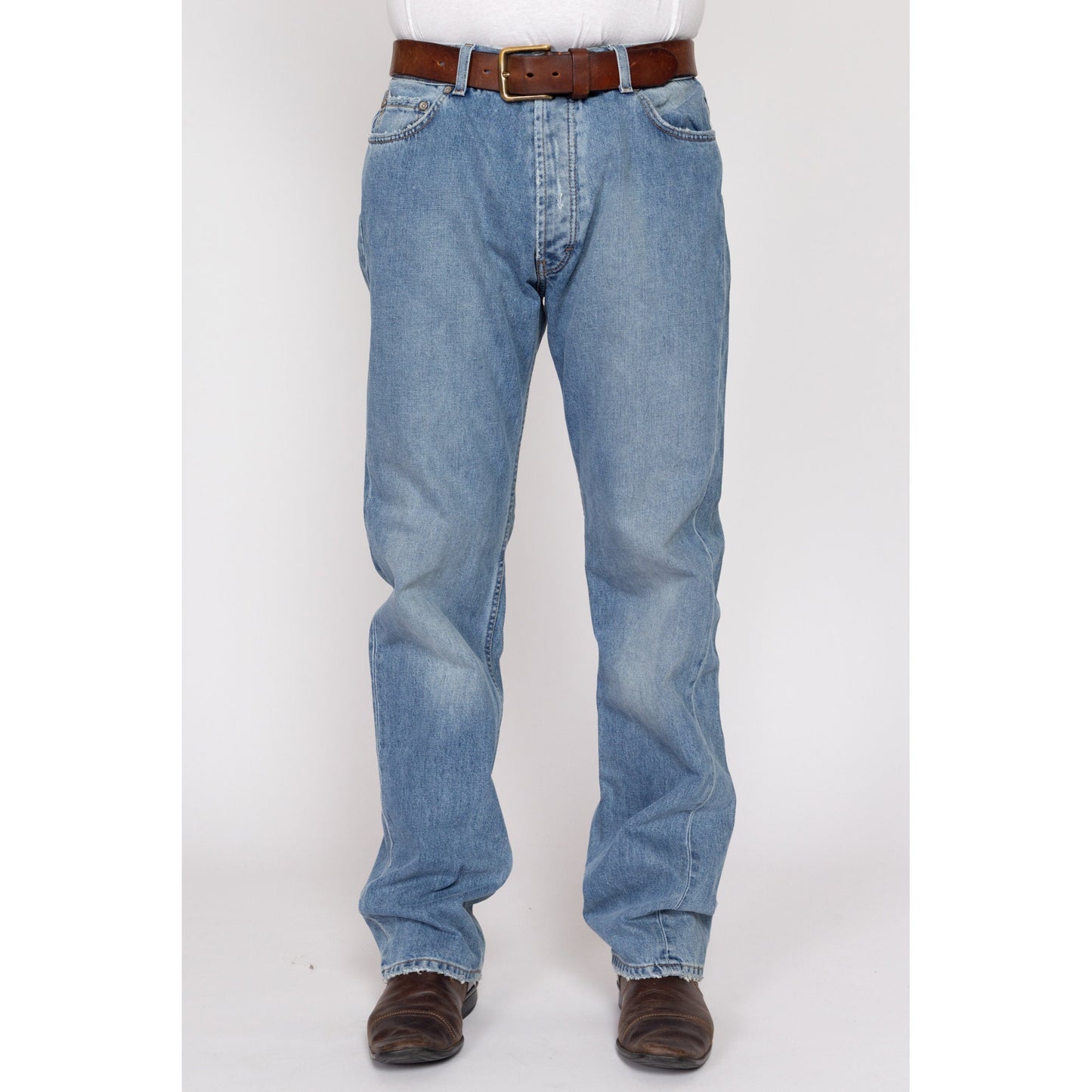 34x34 Y2K Leather Bull Patch Jeans | Vintage Light Wash Denim Western Jeans