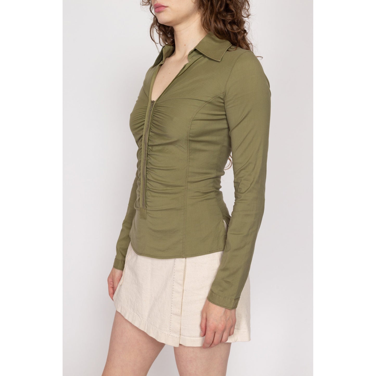 Small Y2K Army Green Ruched Long Sleeve Top | Vintage Boho V Neck Zip Front Fitted Collared Blouse