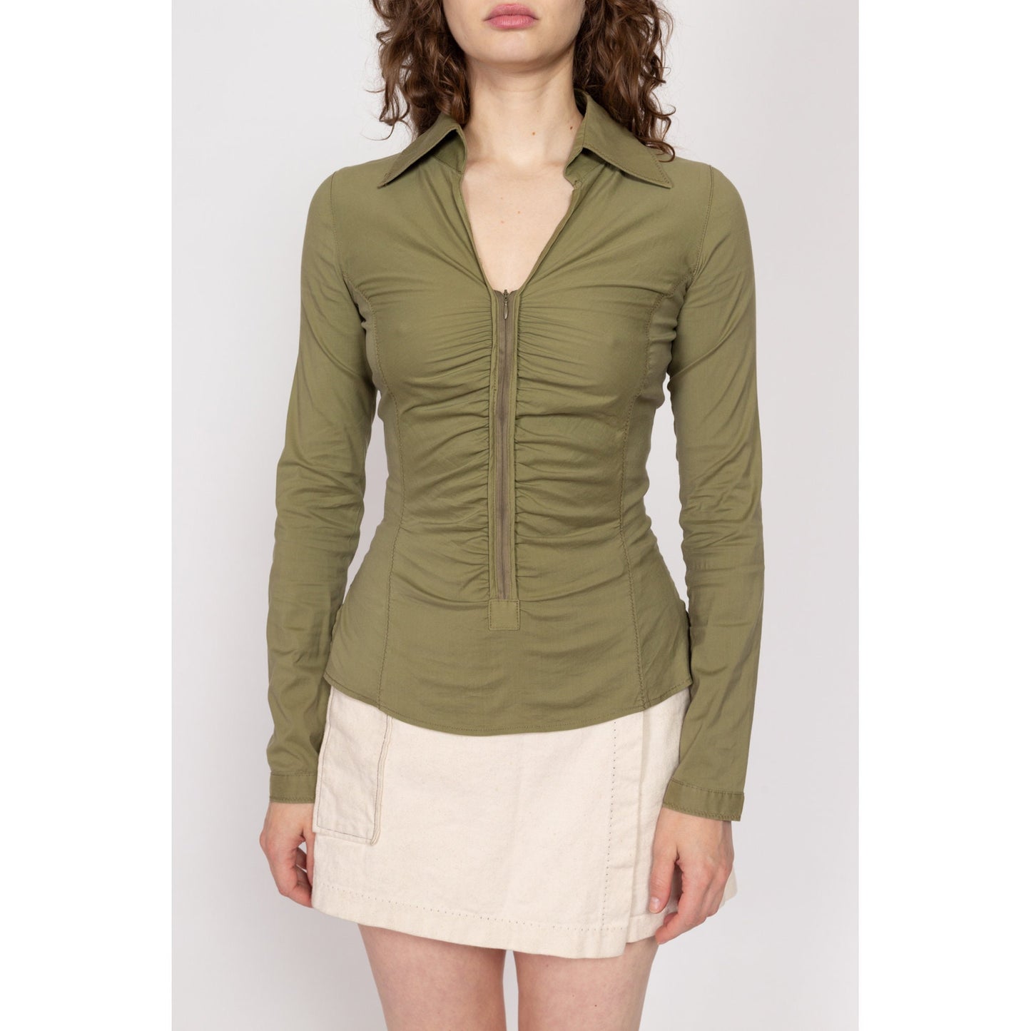 Small Y2K Army Green Ruched Long Sleeve Top | Vintage Boho V Neck Zip Front Fitted Collared Blouse