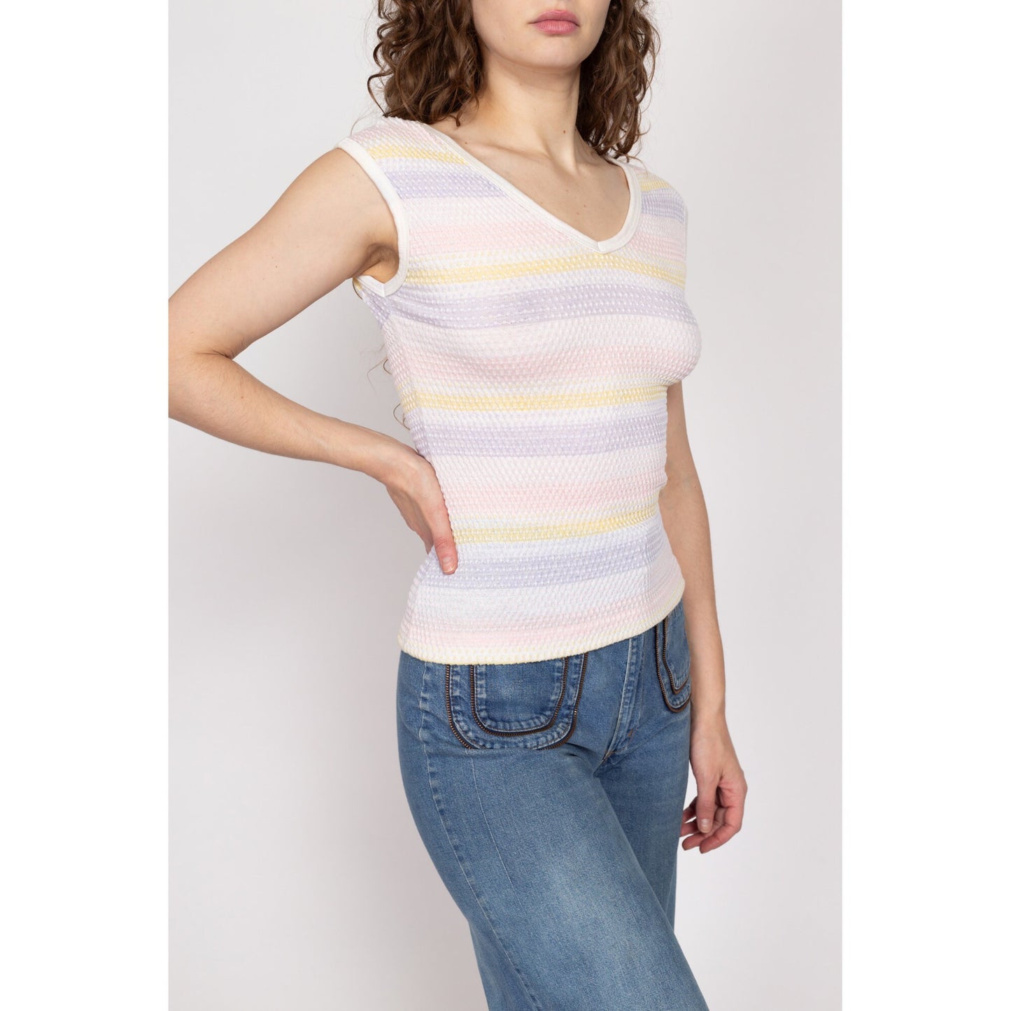 Medium 80s Wrangler Pastel Striped Knit Sleeveless Top | Vintage Fitted Stretchy Popcorn Tank