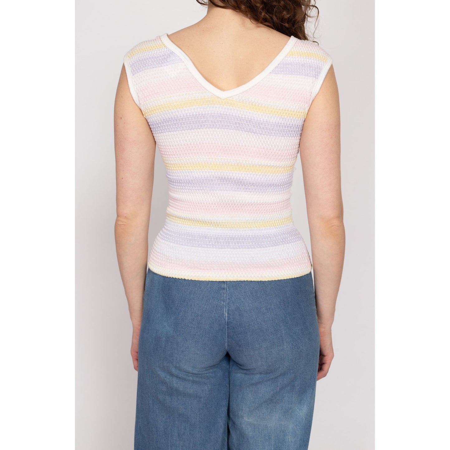 Medium 80s Wrangler Pastel Striped Knit Sleeveless Top | Vintage Fitted Stretchy Popcorn Tank