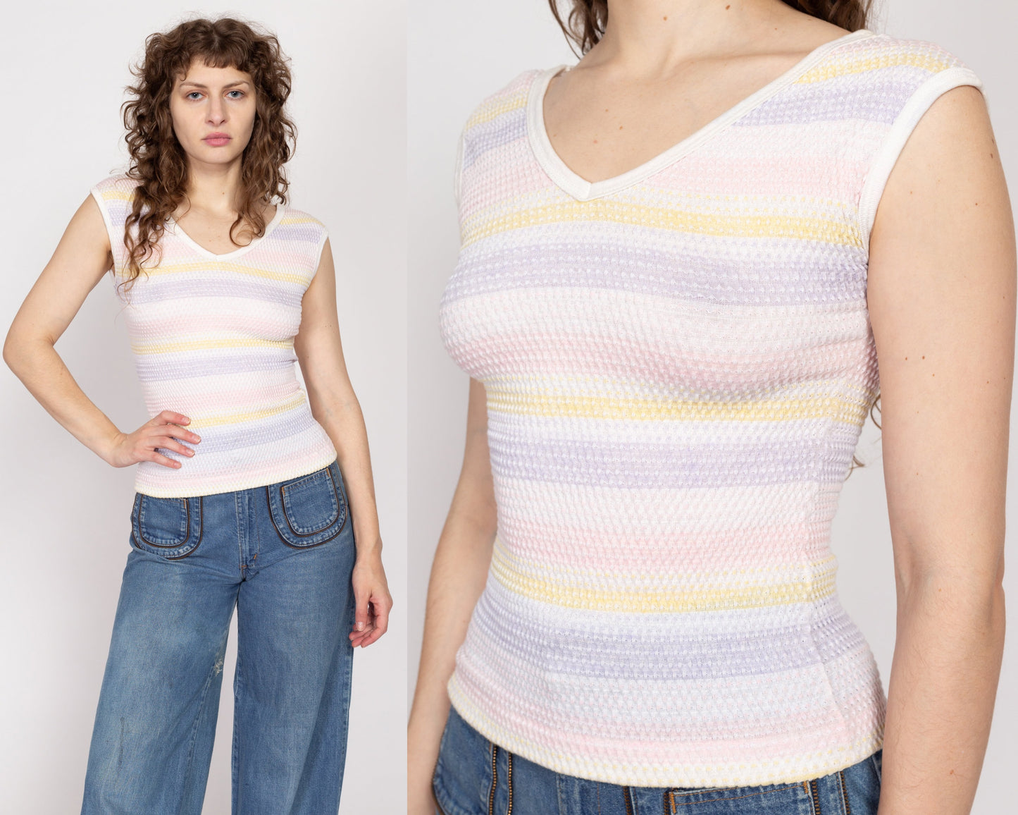Medium 80s Wrangler Pastel Striped Knit Sleeveless Top | Vintage Fitted Stretchy Popcorn Tank