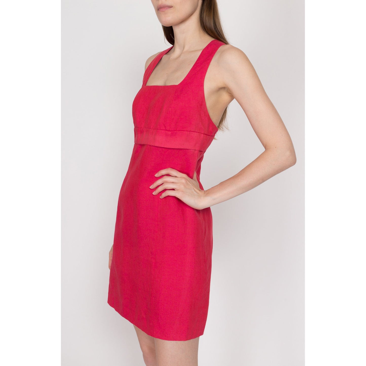 XS 90s Tara Jarmon Hot Pink Linen Mini Dress | Vintage French Low Back Fitted Sleeveless Cocktail Party Dress