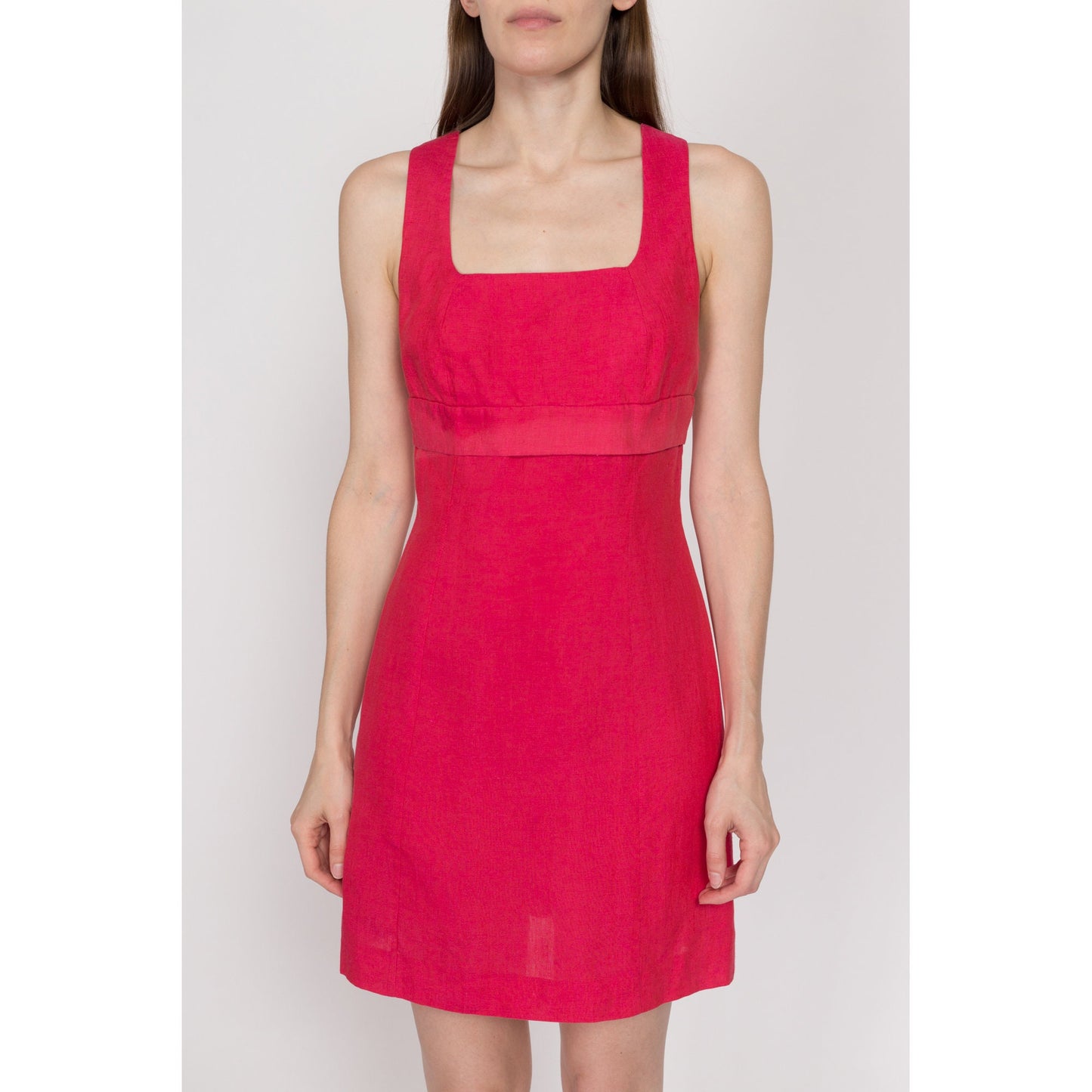 XS 90s Tara Jarmon Hot Pink Linen Mini Dress | Vintage French Low Back Fitted Sleeveless Cocktail Party Dress