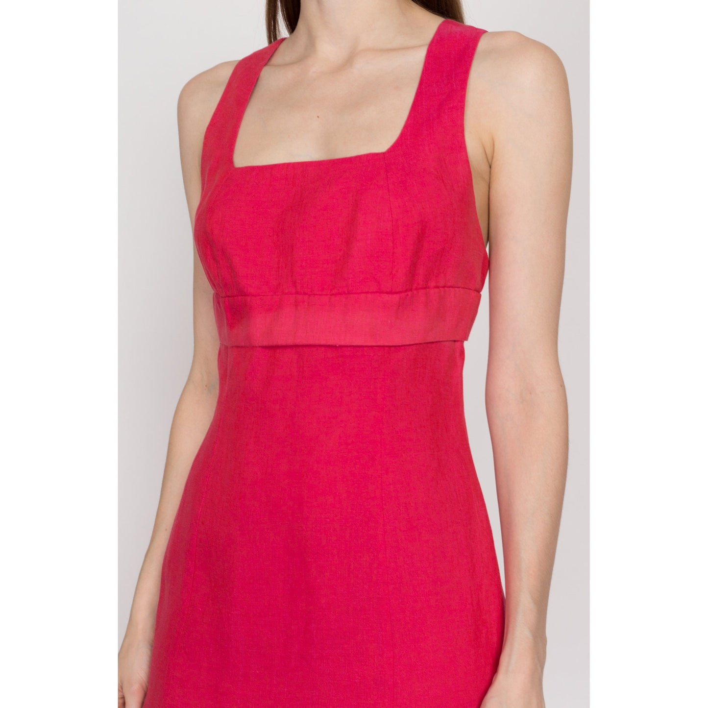 XS 90s Tara Jarmon Hot Pink Linen Mini Dress | Vintage French Low Back Fitted Sleeveless Cocktail Party Dress