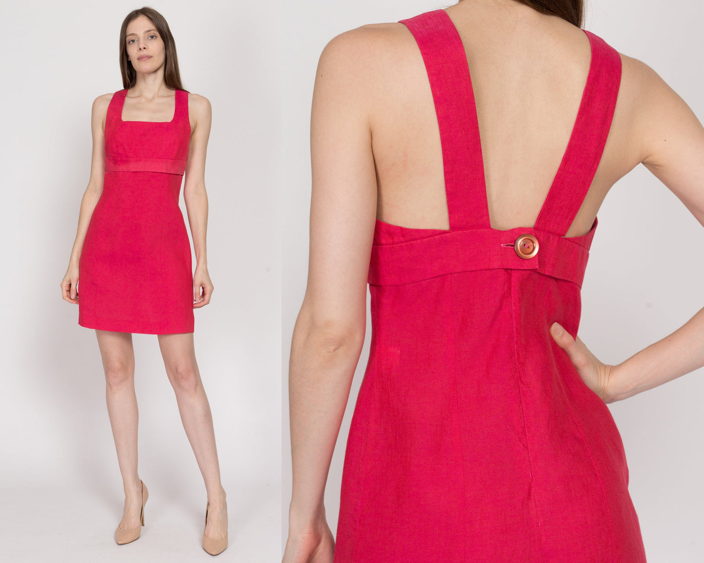 XS 90s Tara Jarmon Hot Pink Linen Mini Dress | Vintage French Low Back Fitted Sleeveless Cocktail Party Dress