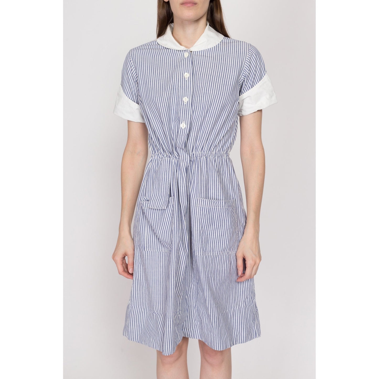 Medium 1940s Nurse Uniform Blue & White Striped Dress | Vintage 40s Authentic Nursing Outfit Pinstripe Pocket Mini Dress