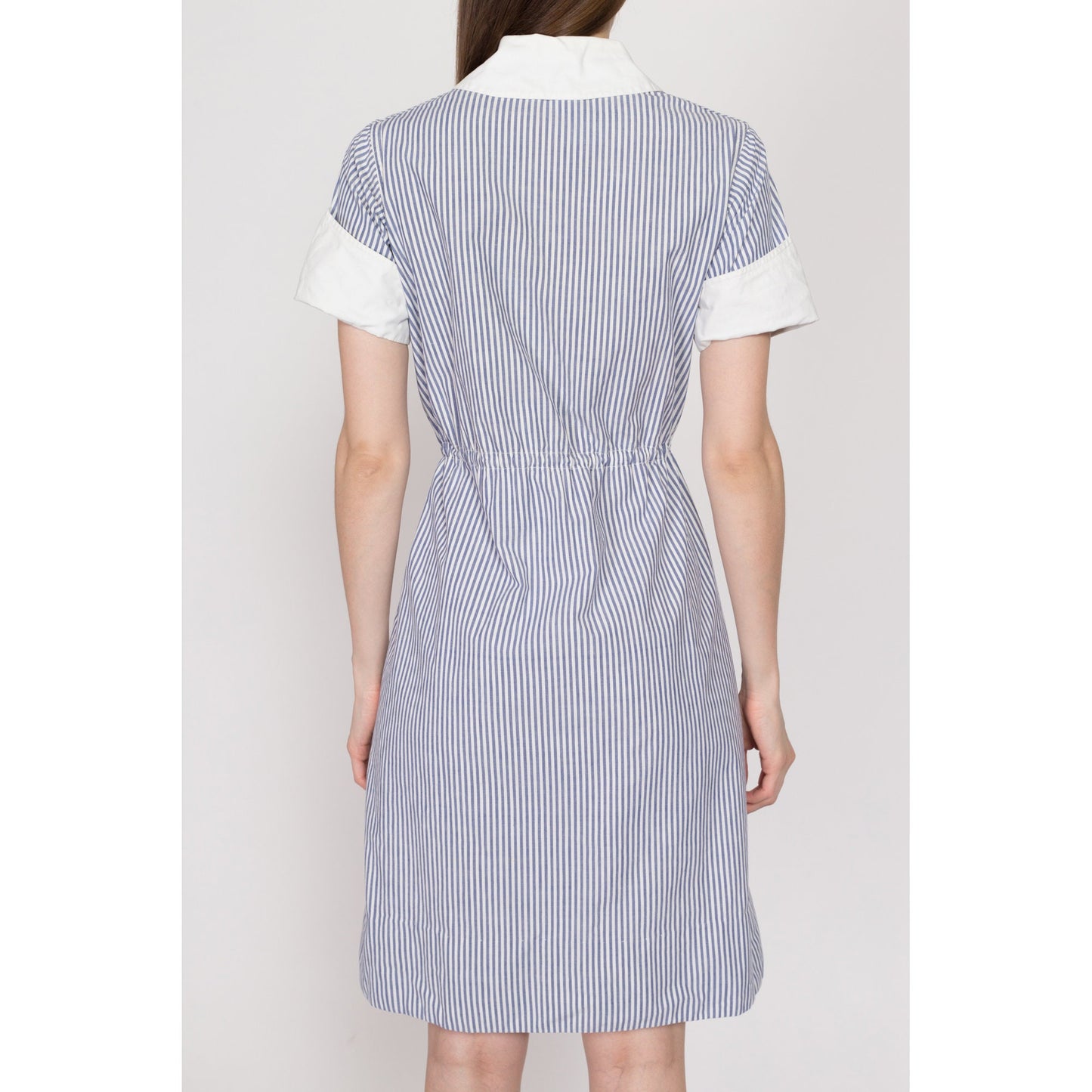 Medium 1940s Nurse Uniform Blue & White Striped Dress | Vintage 40s Authentic Nursing Outfit Pinstripe Pocket Mini Dress