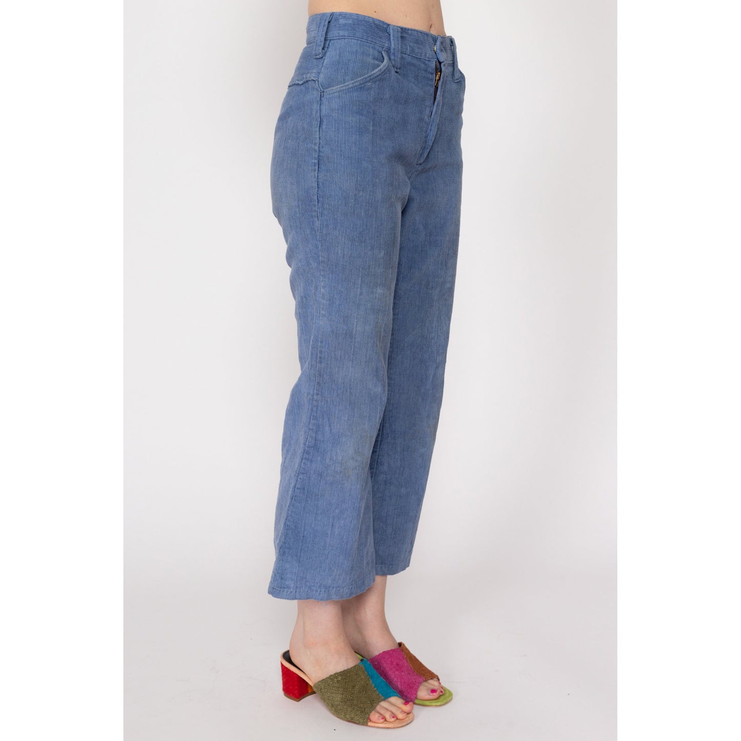 Petite XS 70s Blue Corduroy Kick Flare Pants | Retro Mid Rise Flared Trousers