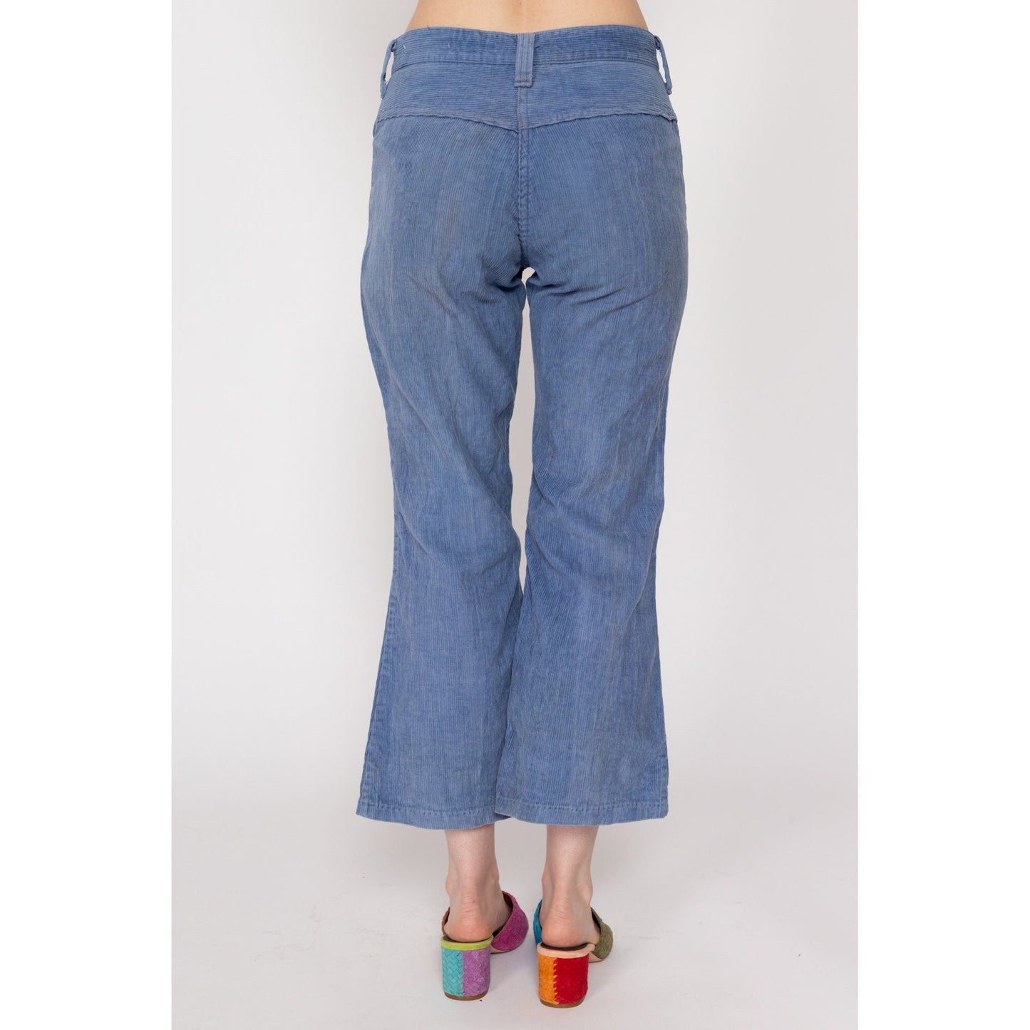Petite XS 70s Blue Corduroy Kick Flare Pants | Retro Mid Rise Flared Trousers