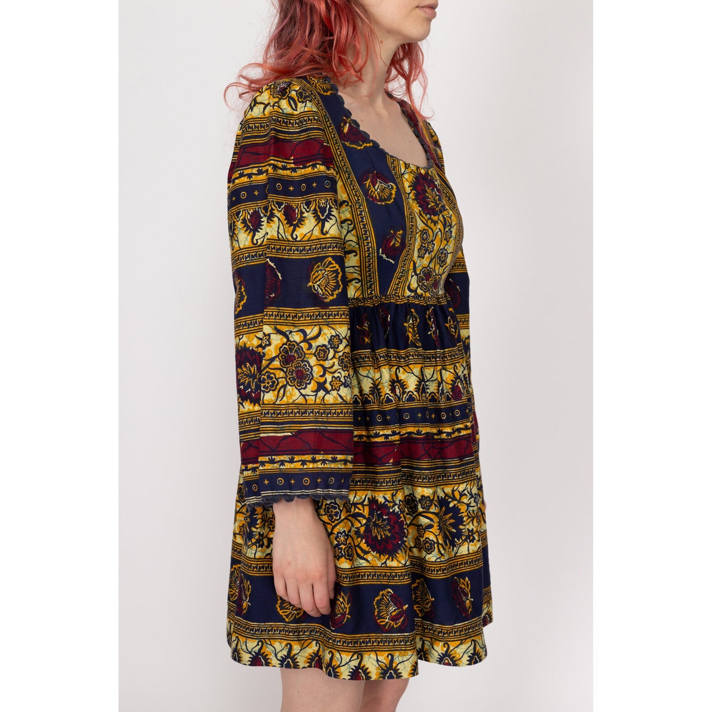XS 60s Boho Batik Bell Sleeve Mini Dress | Vintage Ric Rac Trim Floral Striped Hippie Fit & Flare Babydoll Dress