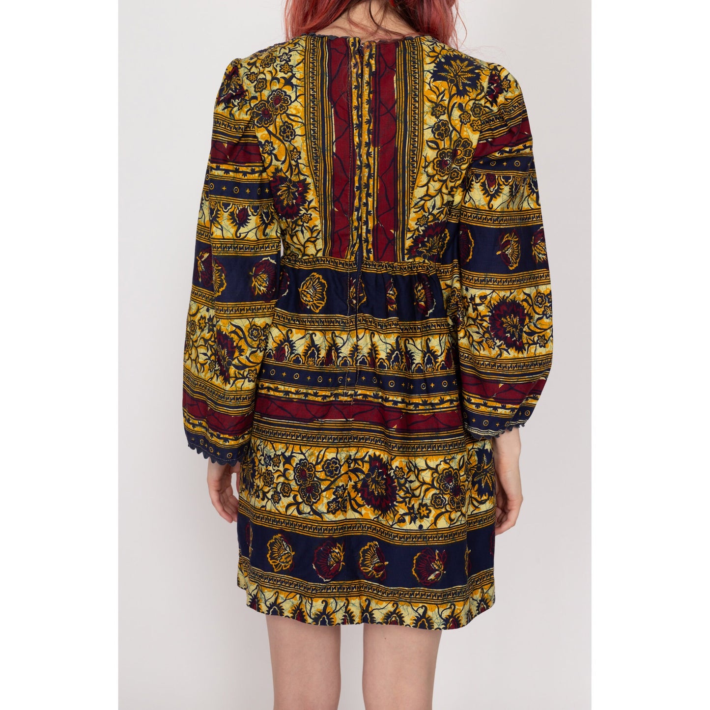 XS 60s Boho Batik Bell Sleeve Mini Dress | Vintage Ric Rac Trim Floral Striped Hippie Fit & Flare Babydoll Dress