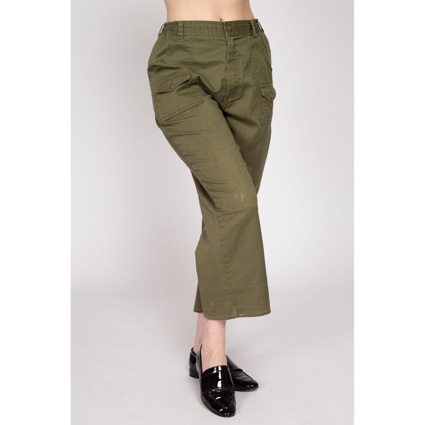 Medium 70s Boy Scout Uniform Pants 28"-31" | Vintage High Waisted Olive Green Utility Cargo Kick Flare Trousers