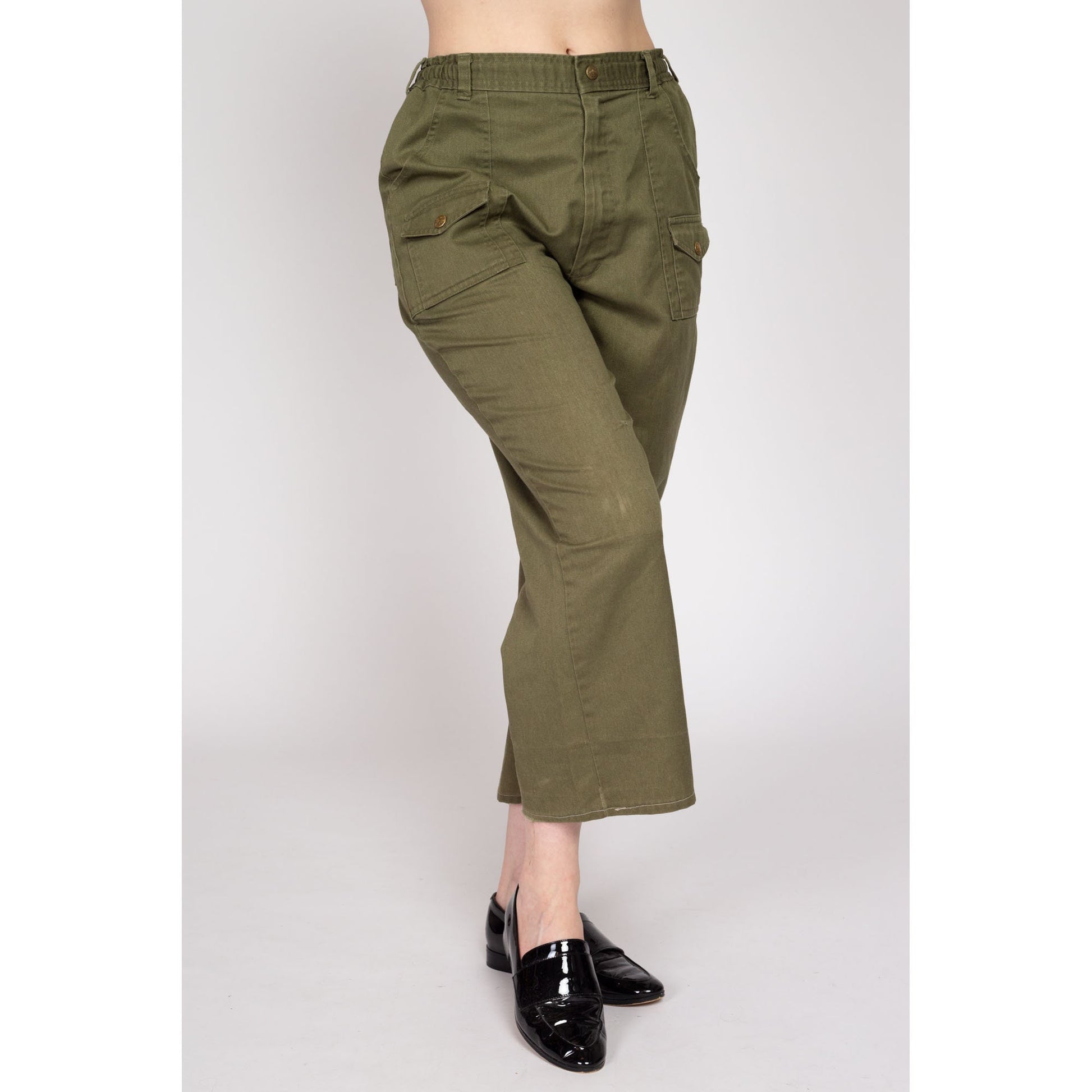 Medium 70s Boy Scout Uniform Pants 28"-31" | Vintage High Waisted Olive Green Utility Cargo Kick Flare Trousers