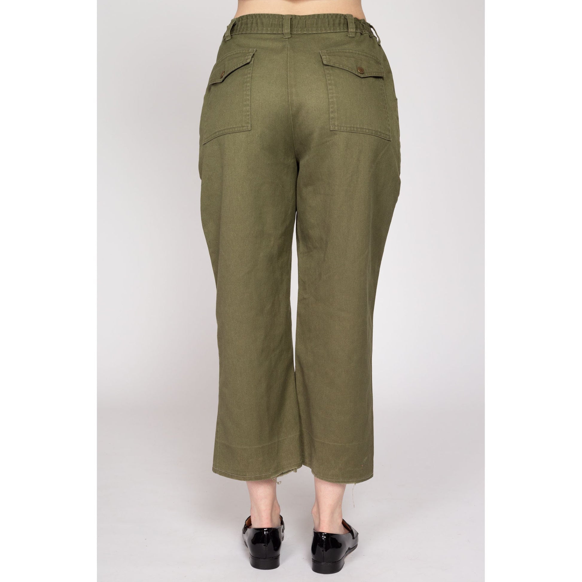 Medium 70s Boy Scout Uniform Pants 28"-31" | Vintage High Waisted Olive Green Utility Cargo Kick Flare Trousers