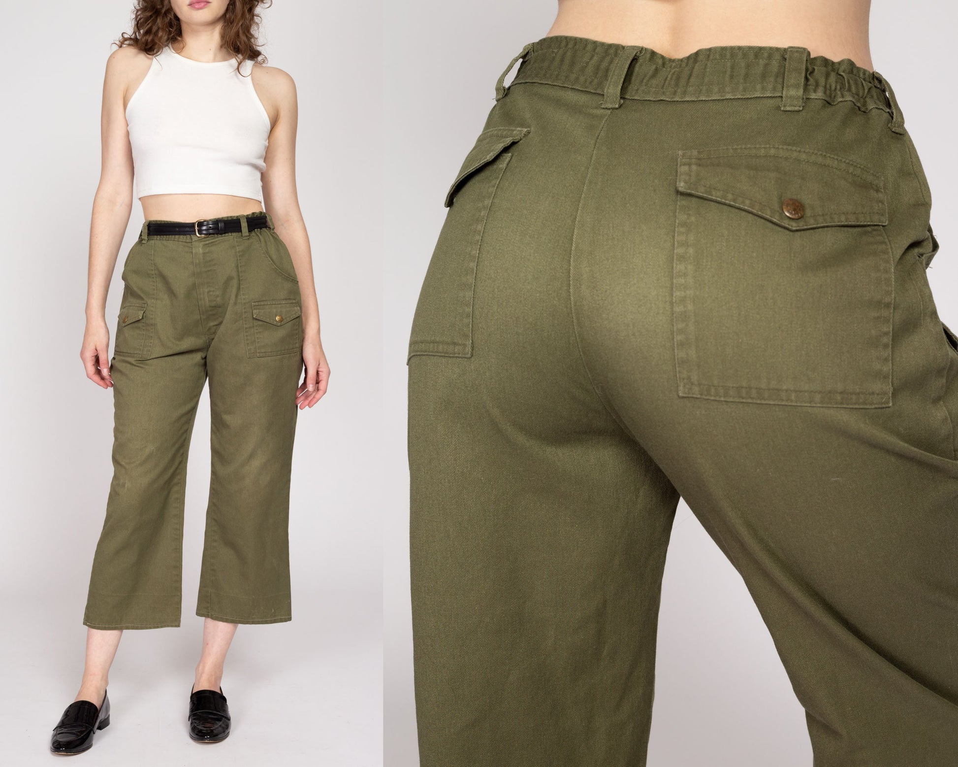 Medium 70s Boy Scout Uniform Pants 28"-31" | Vintage High Waisted Olive Green Utility Cargo Kick Flare Trousers
