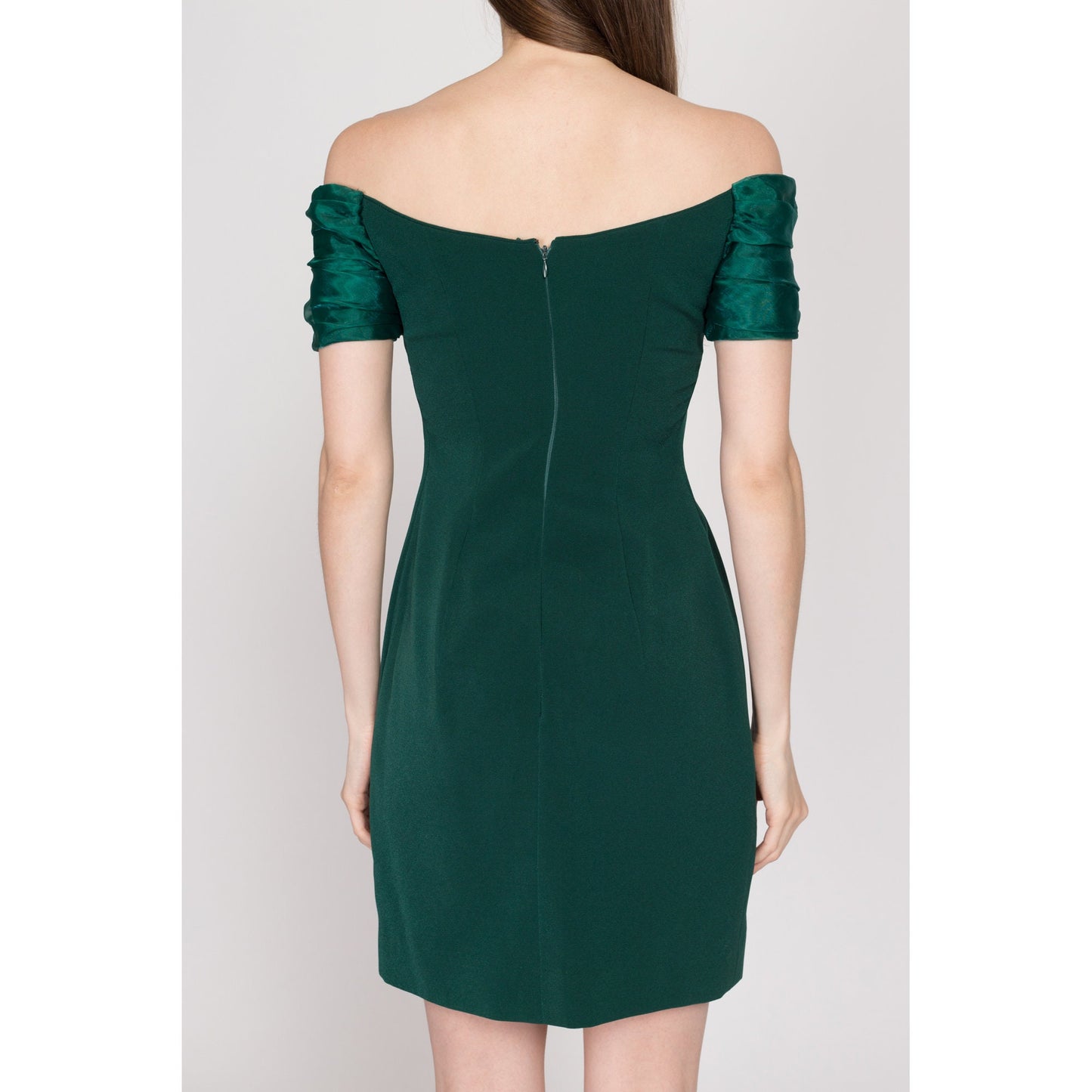 XS 90s Emerald Green Off-Shoulder Party Dress | Vintage Janell Berté Formal Mini Cocktail Dress